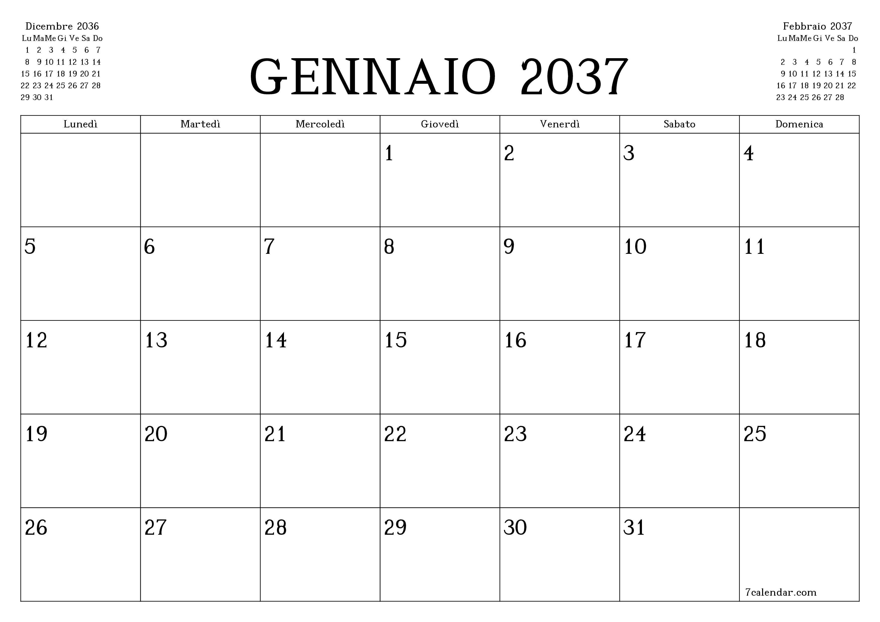 Pianificatore mensile vuoto per il mese Gennaio 2037 con note, salva e stampa in PDF PNG Italian