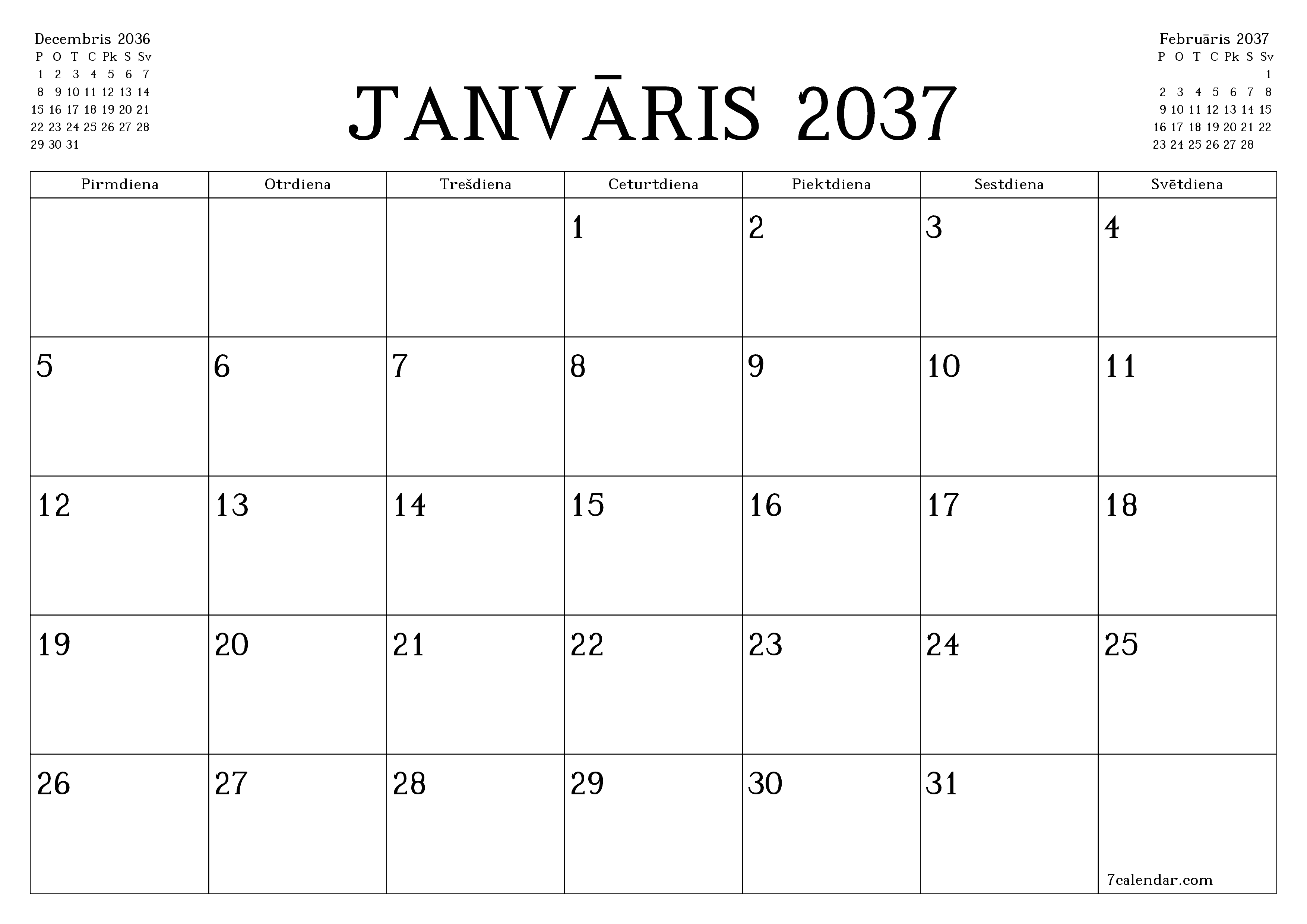 Iztukšot mēneša plānotāju mēnesim Janvāris 2037 ar piezīmēm, saglabāt un izdrukāt PDF formātā PNG Latvian
