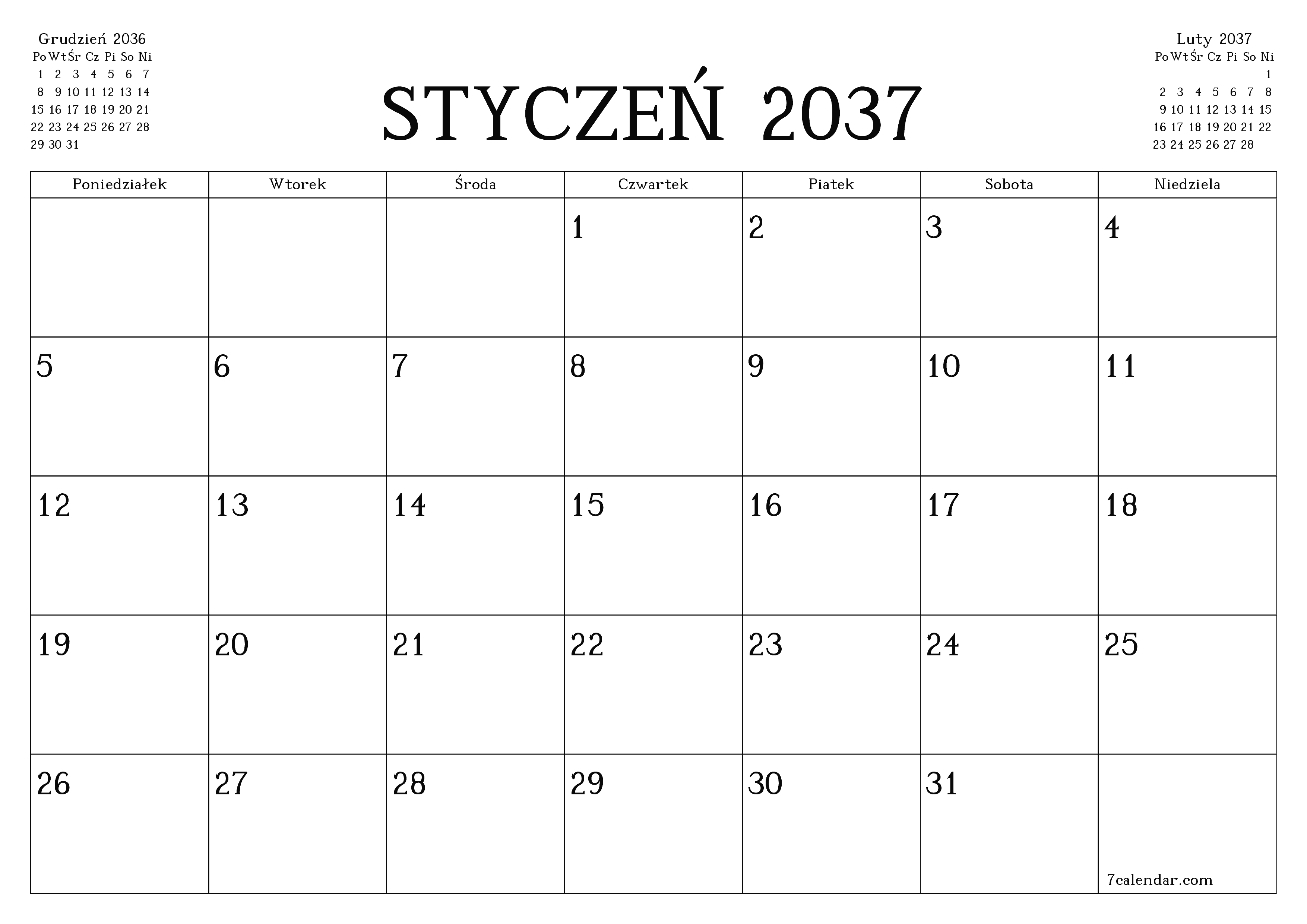 Opróżnij miesięczny planer na miesiąc Styczeń 2037 z notatkami, zapisz i wydrukuj w formacie PDF PNG Polish