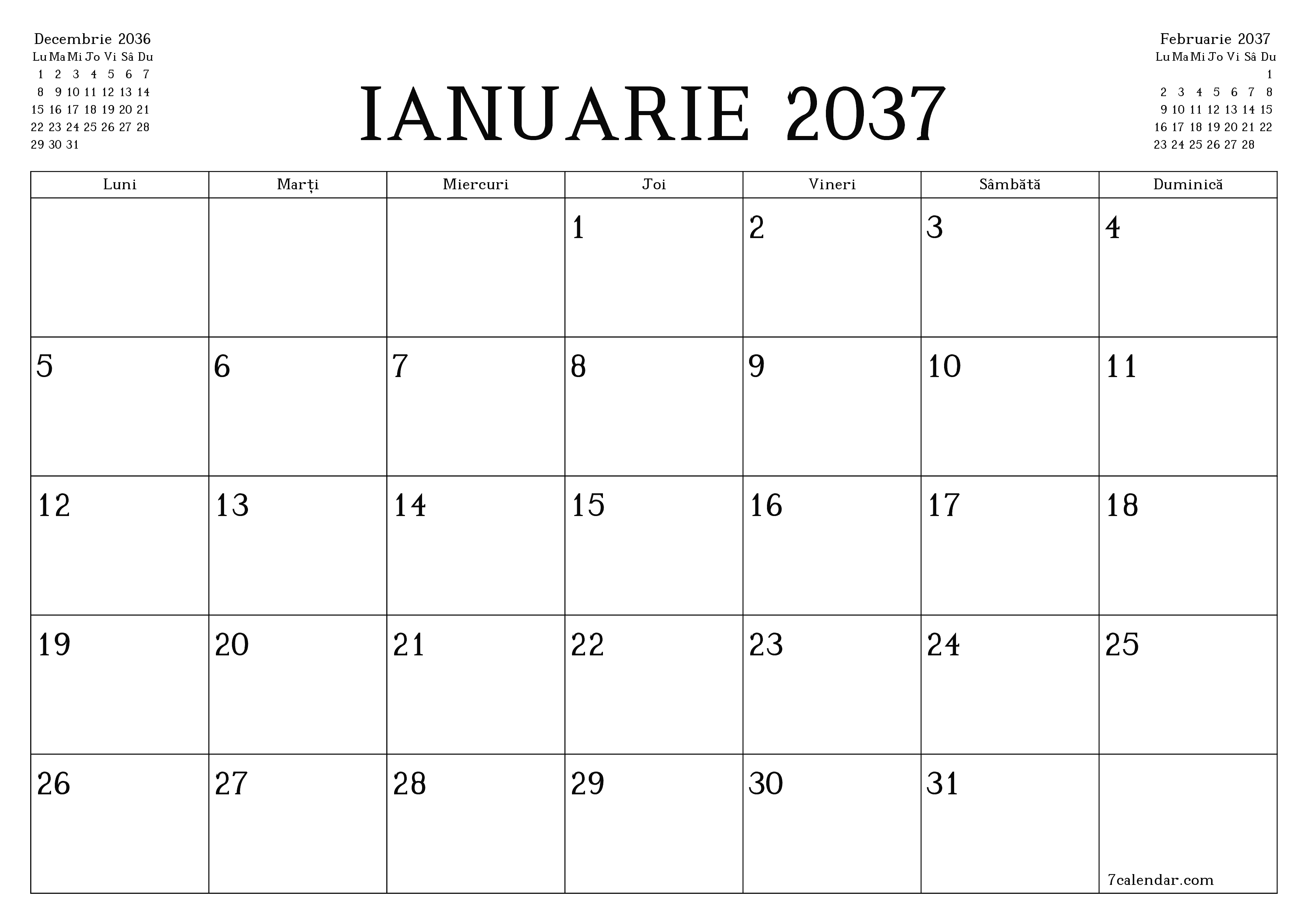 Planificator lunar gol pentru luna Ianuarie 2037 cu note, salvați și tipăriți în PDF PNG Romanian