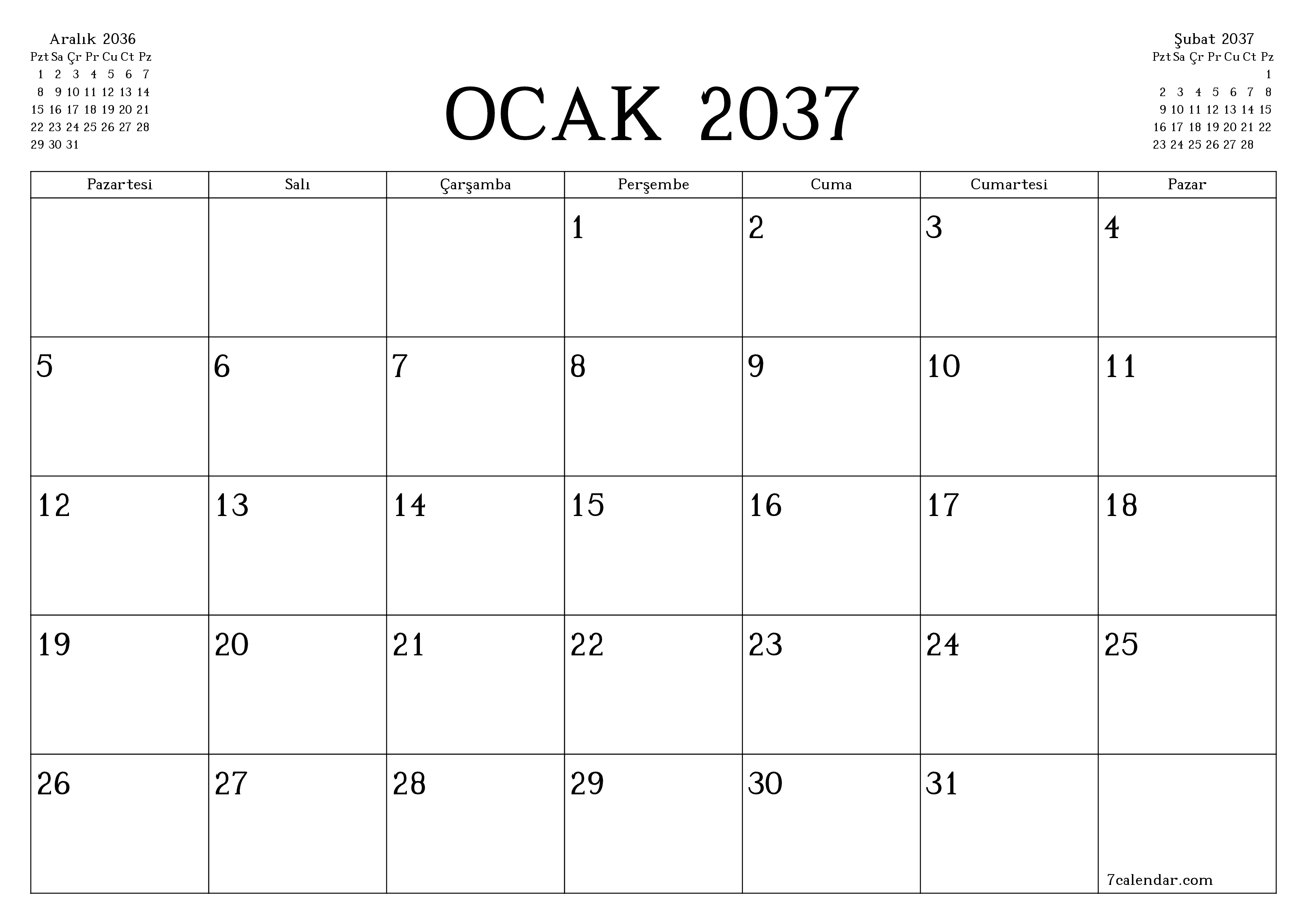 Ocak 2037 ayı için notlarla birlikte boş aylık planlayıcı, kaydedin ve PDF'ye yazdırın PNG Turkish