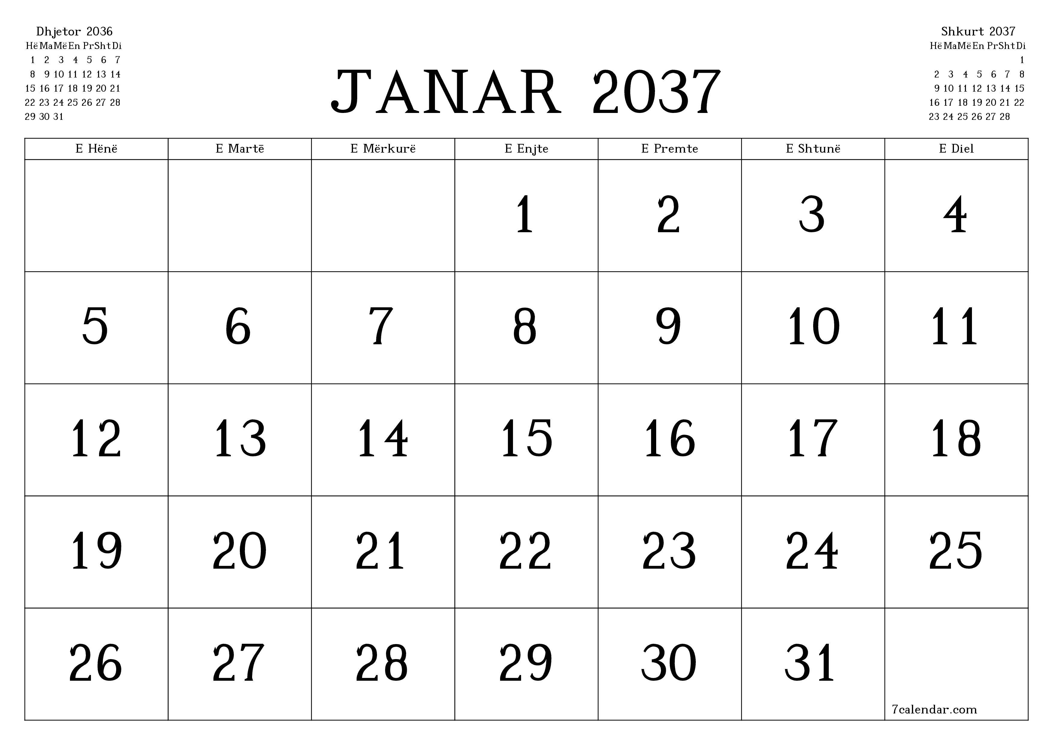 Planifikuesi i zbrazët i kalendarit mujor për muajin Janar 2037 me shënime të ruajtura dhe të printuara në PDF PNG Albanian