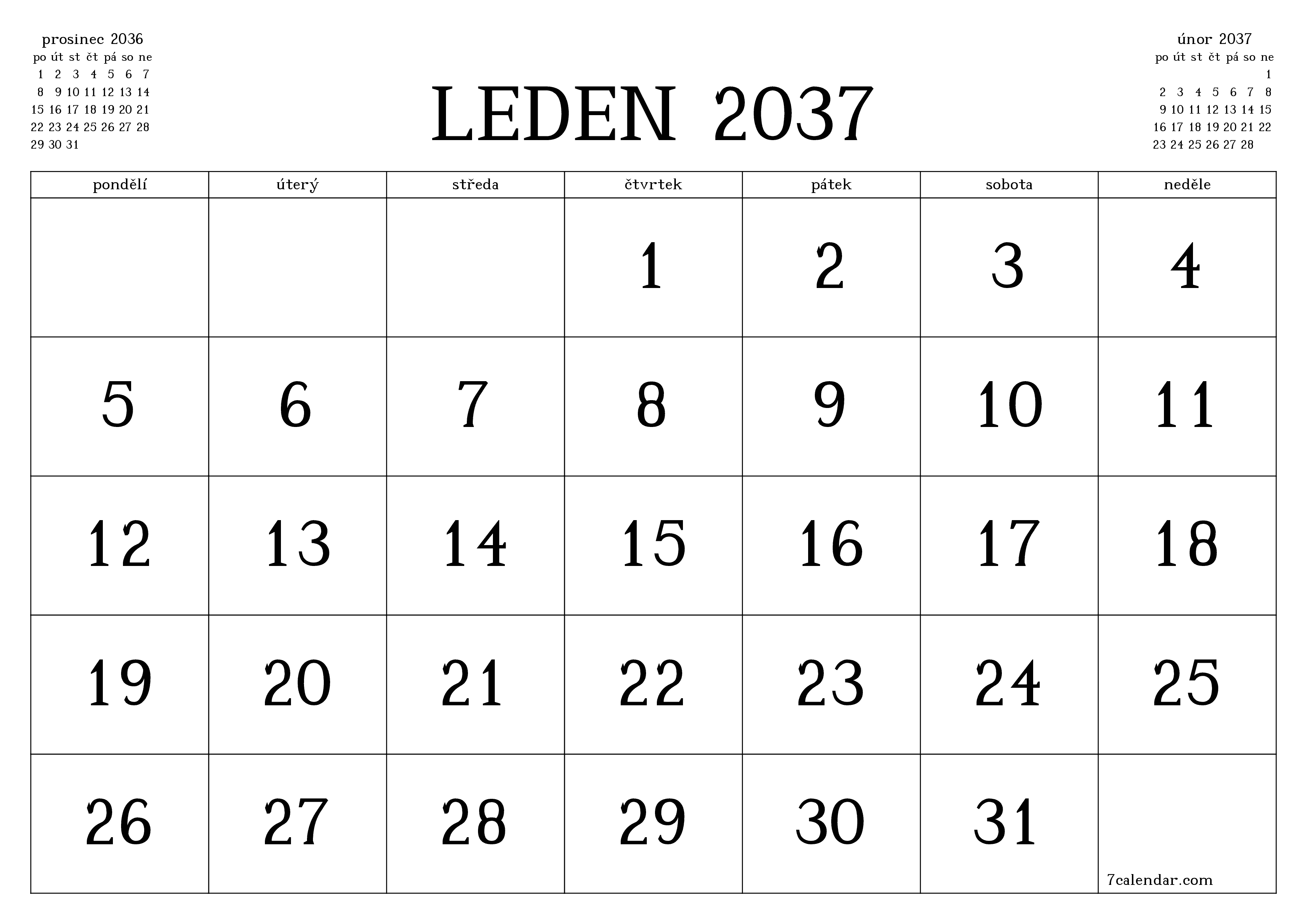 Vyprázdnit měsíční plánovač na měsíc leden 2037 s poznámkami, uložit a vytisknout do PDF PNG Czech