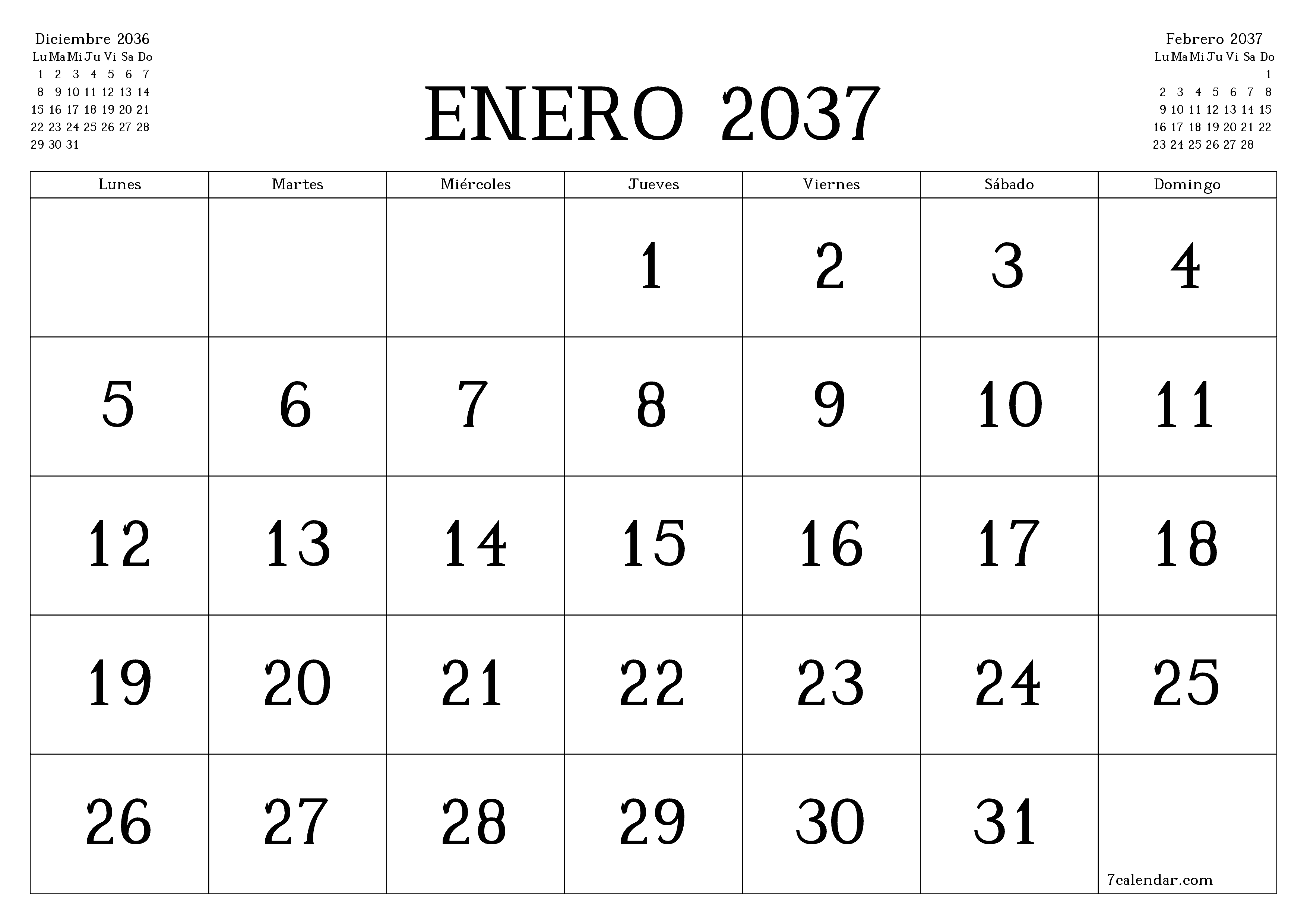 Planificador mensual vacío para el mes Enero 2037 con notas, guardar e imprimir en PDF PNG Spanish