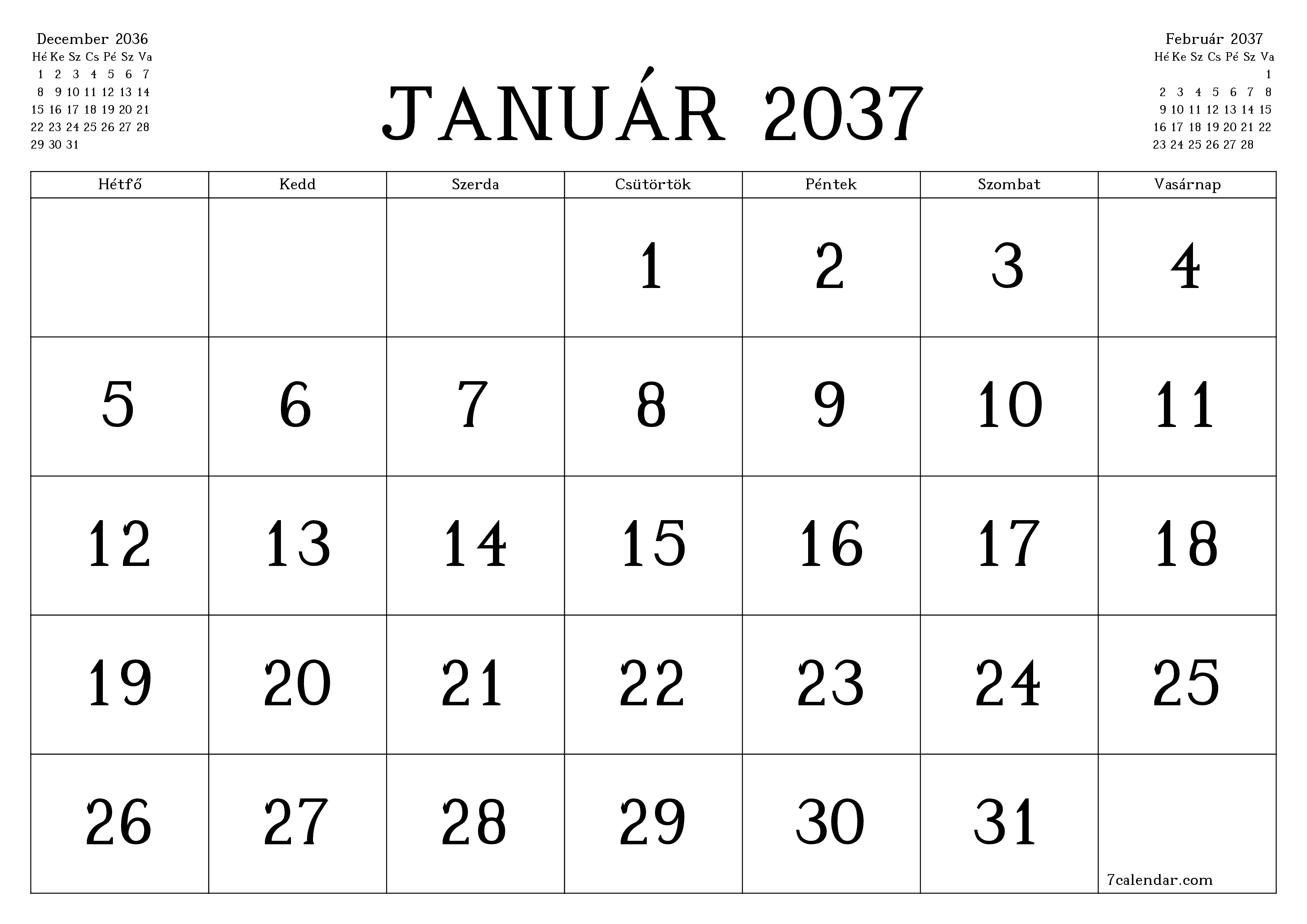 Üres havi tervező a Január 2037 hónapra jegyzetekkel, mentés és nyomtatás PDF-be PNG Hungarian