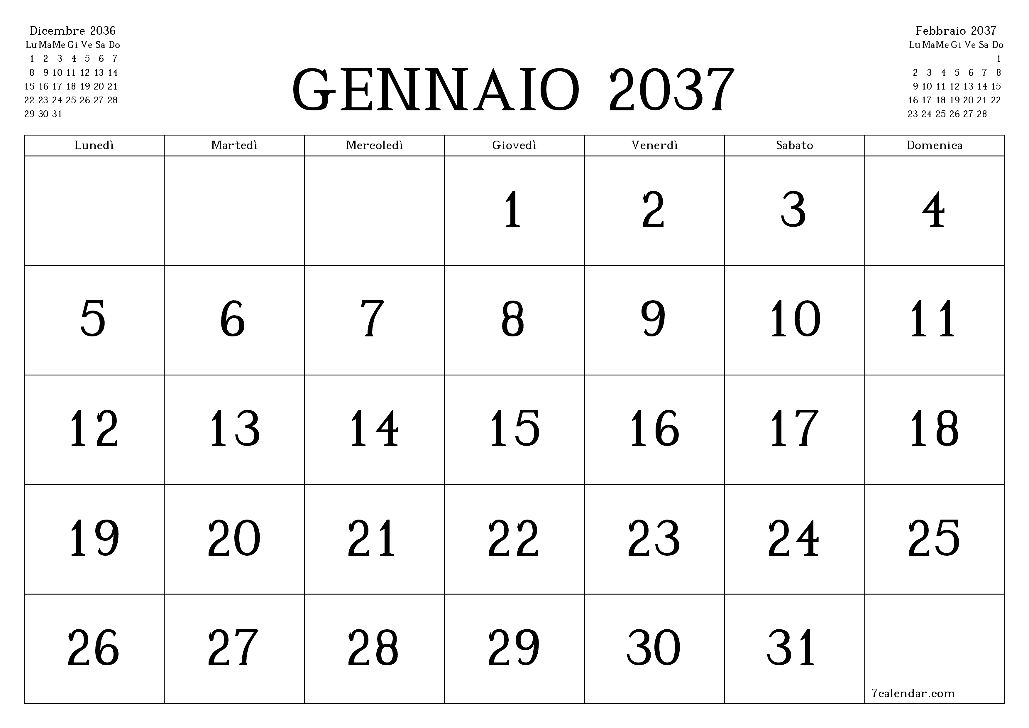 Pianificatore mensile vuoto per il mese Gennaio 2037 con note, salva e stampa in PDF PNG Italian