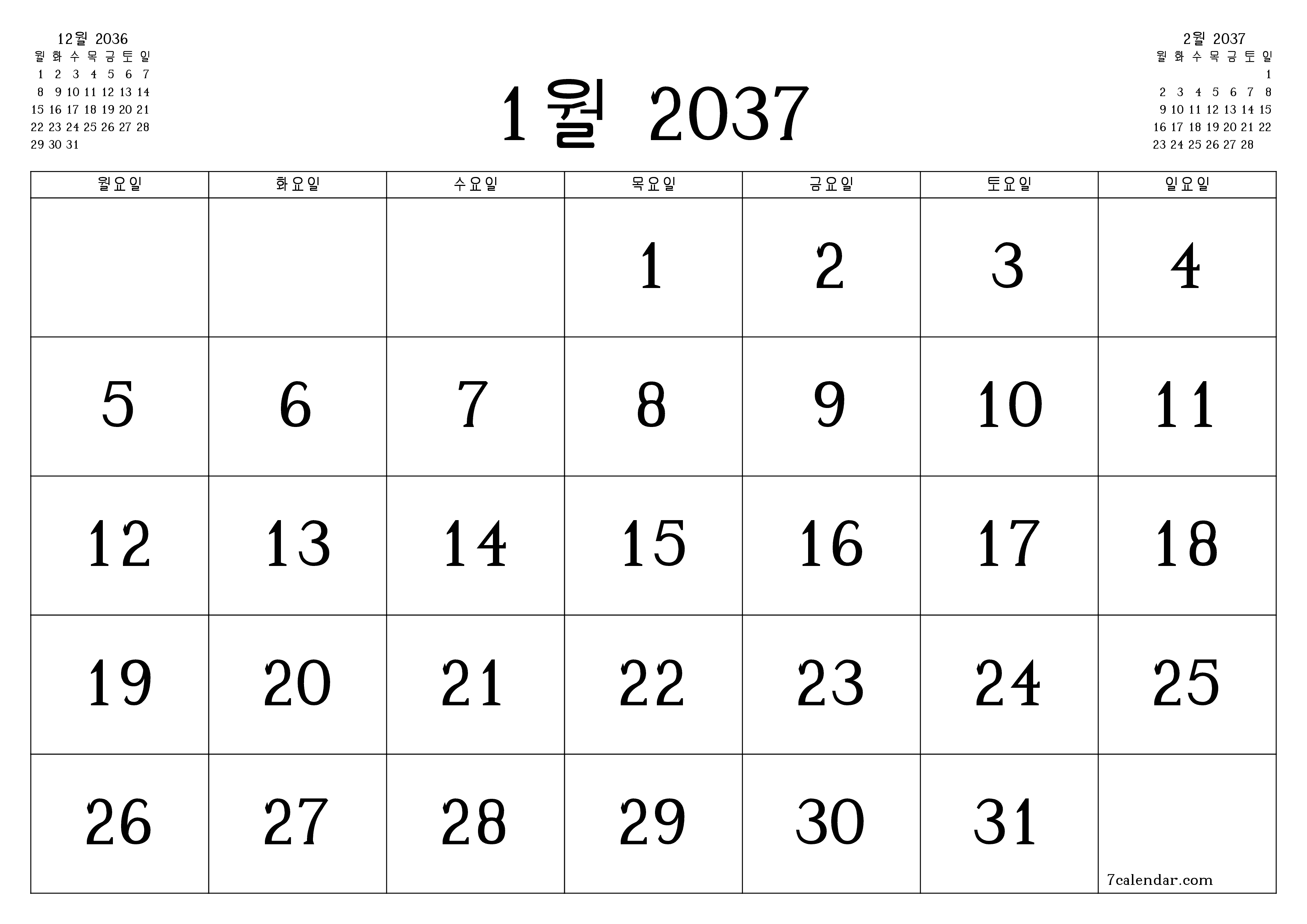 메모가있는 1월 2037 월의 월간 플래너 비우기, PDF PNG Korean-7calendar.com으로 저장 및 인쇄