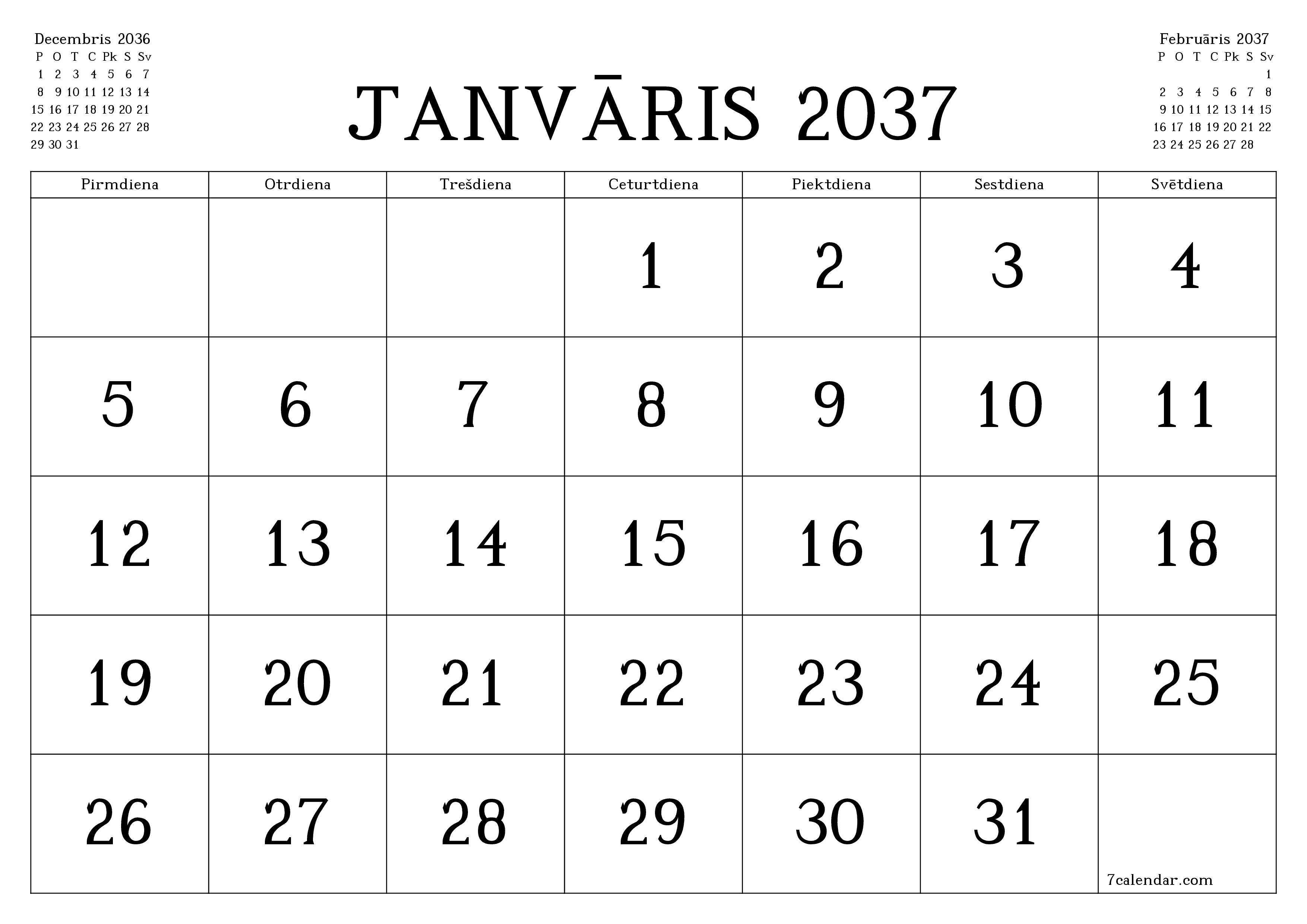 Iztukšot mēneša plānotāju mēnesim Janvāris 2037 ar piezīmēm, saglabāt un izdrukāt PDF formātā PNG Latvian