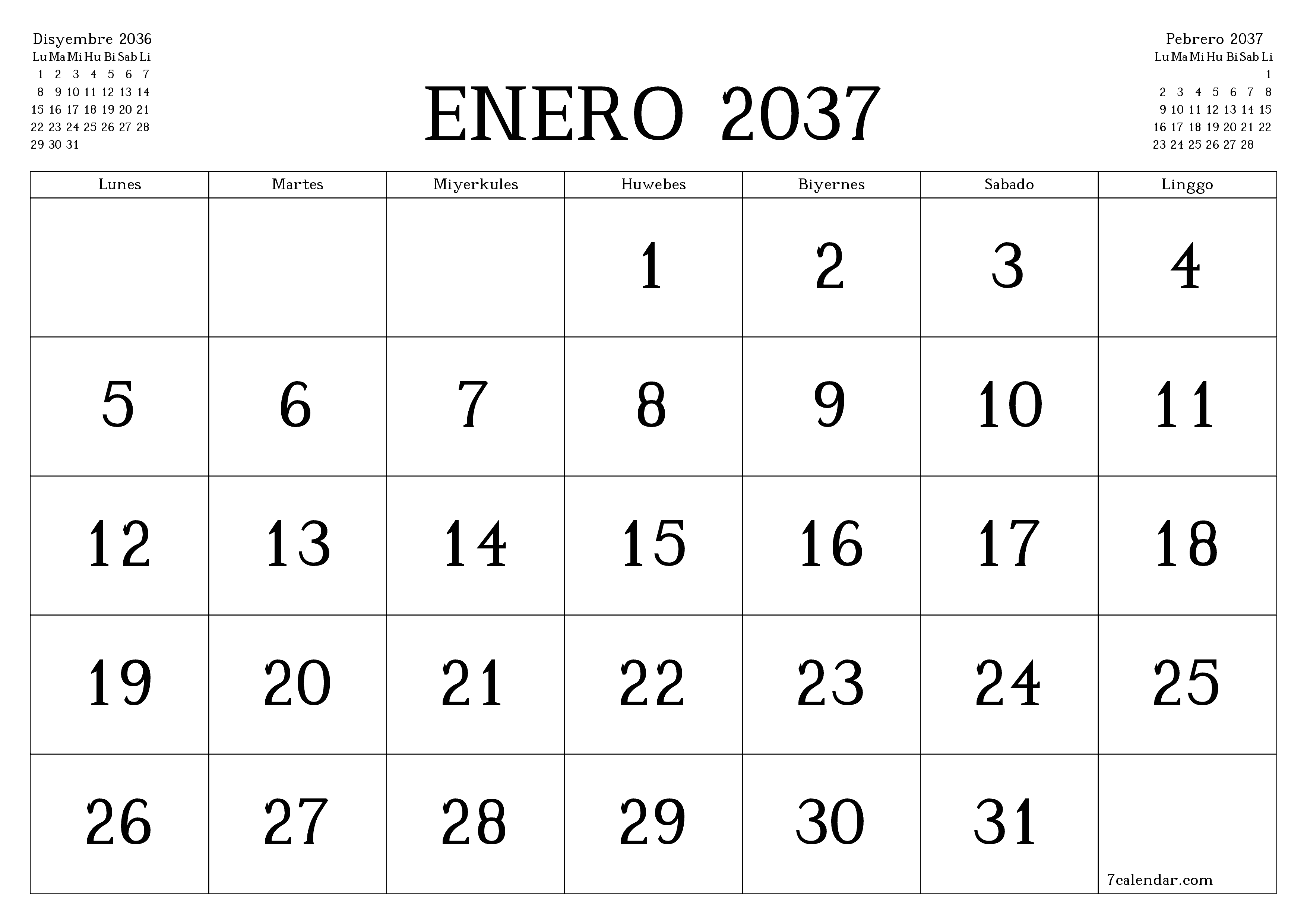 Walang laman na buwanang tagaplano para sa buwan na Enero 2037 na may mga tala, i-save at i-print sa PDF PNG Filipino