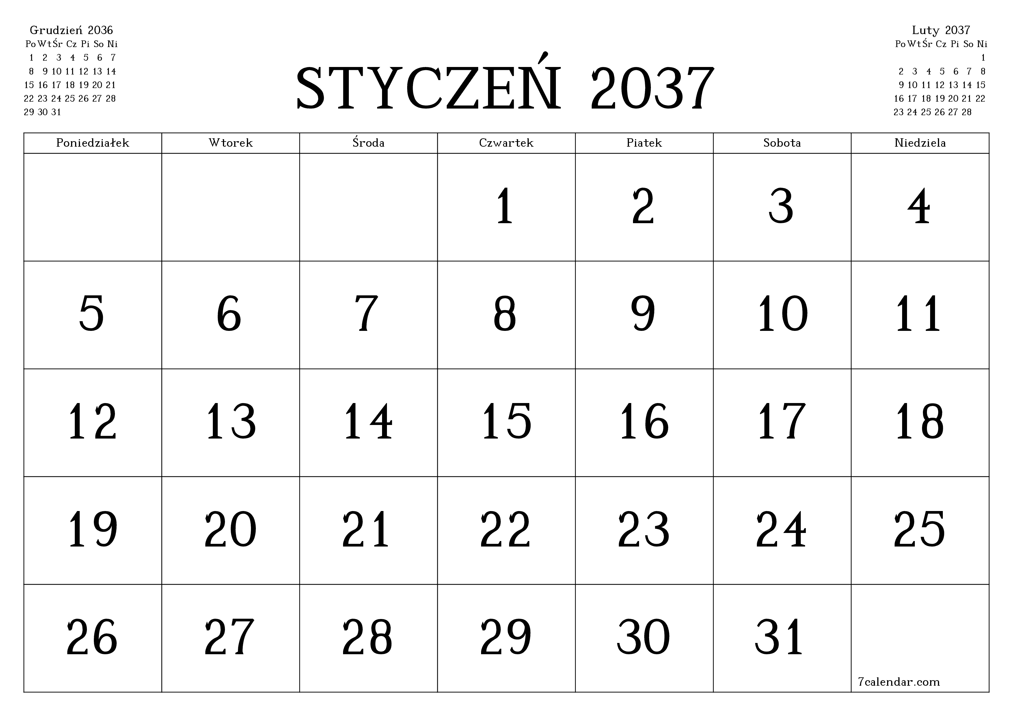 Opróżnij miesięczny planer na miesiąc Styczeń 2037 z notatkami, zapisz i wydrukuj w formacie PDF PNG Polish