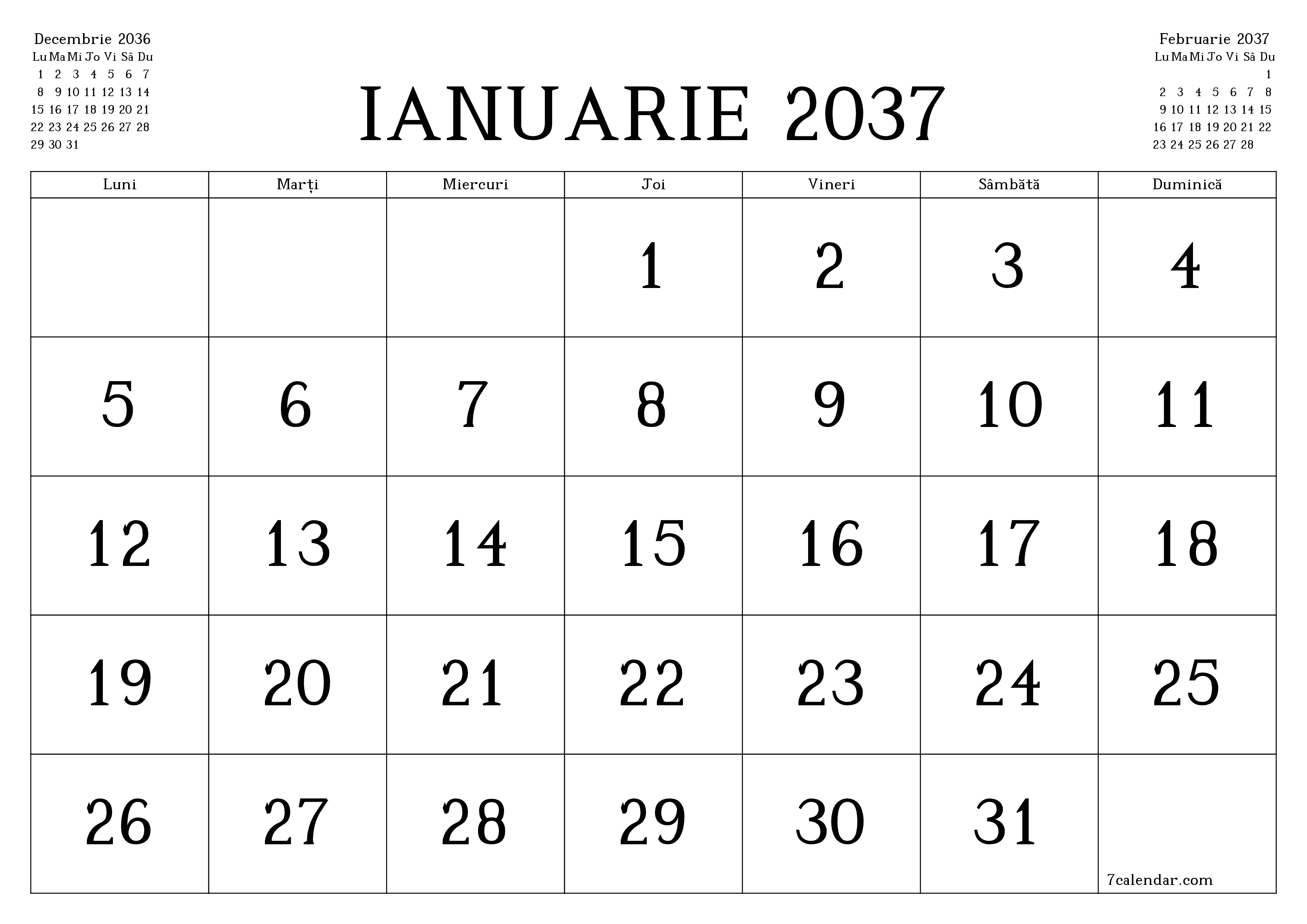 Planificator lunar gol pentru luna Ianuarie 2037 cu note, salvați și tipăriți în PDF PNG Romanian