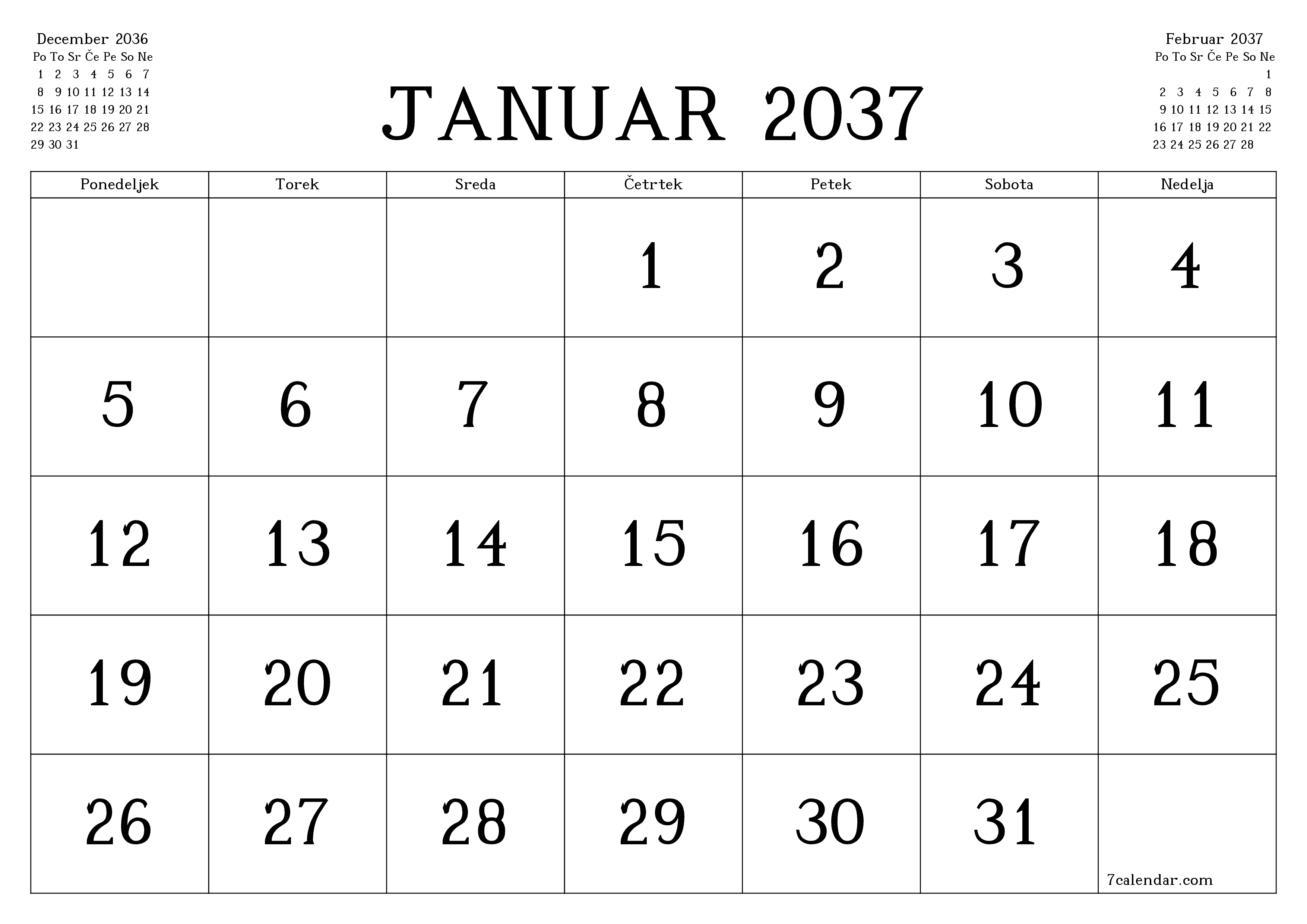 Prazen mesečni načrtovalec koledarja za mesec Januar 2037 z opombami, natisnjenimi v PDF PNG Slovenian