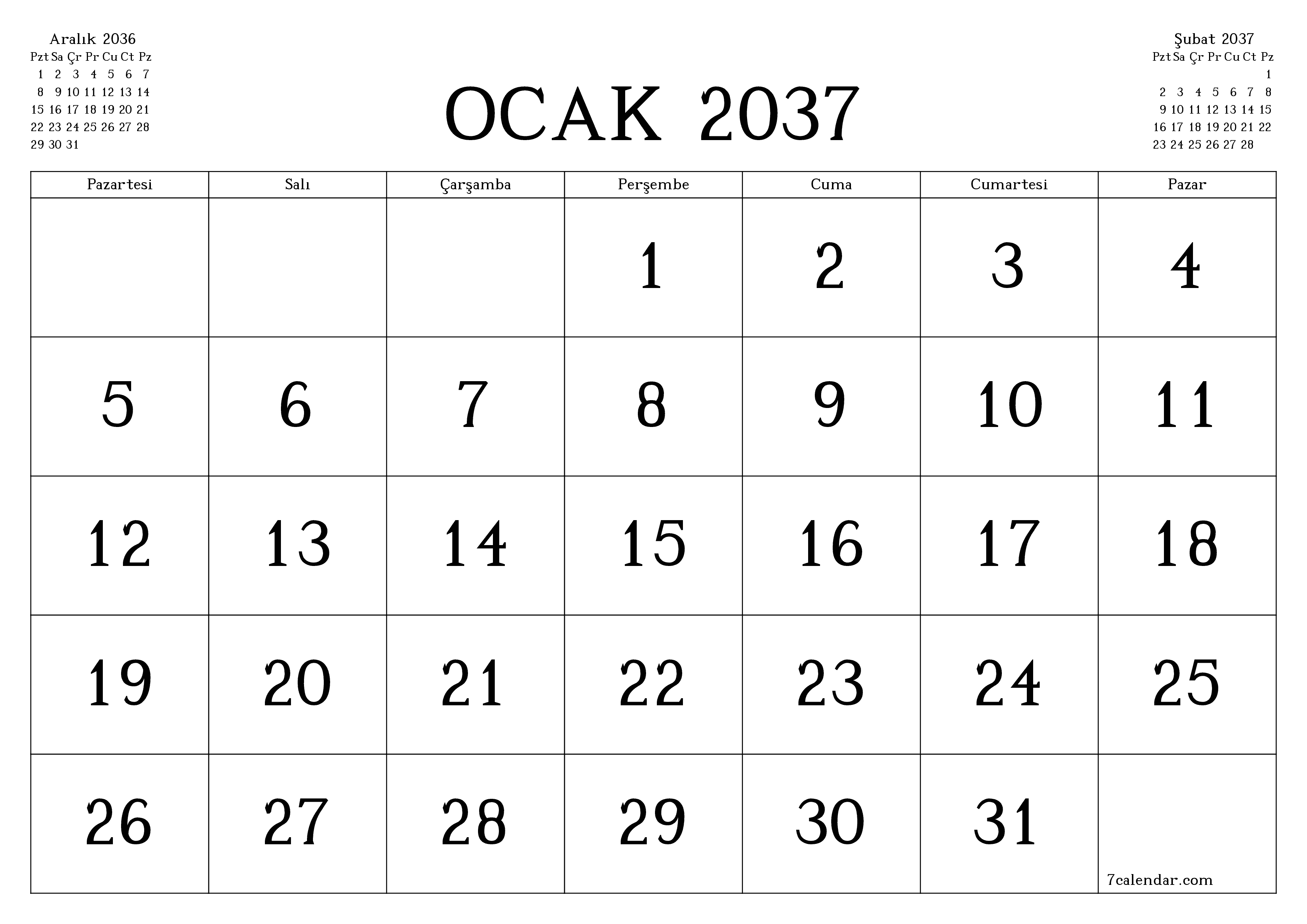 Ocak 2037 ayı için notlarla birlikte boş aylık planlayıcı, kaydedin ve PDF'ye yazdırın PNG Turkish