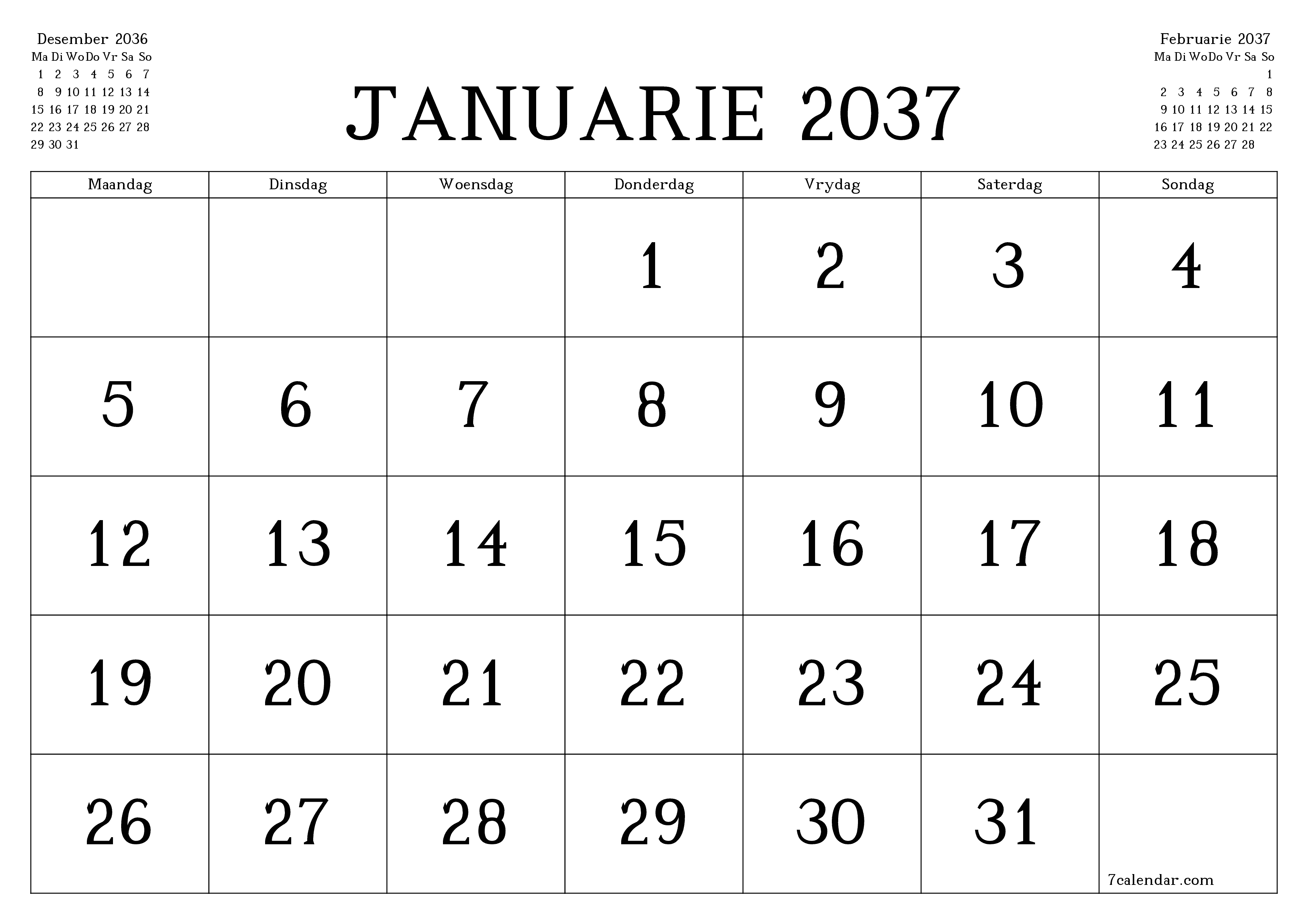 Leë maandelikse drukbare kalender en beplanner vir maand Januarie 2037 met notas stoor en druk na PDF PNG Afrikaans