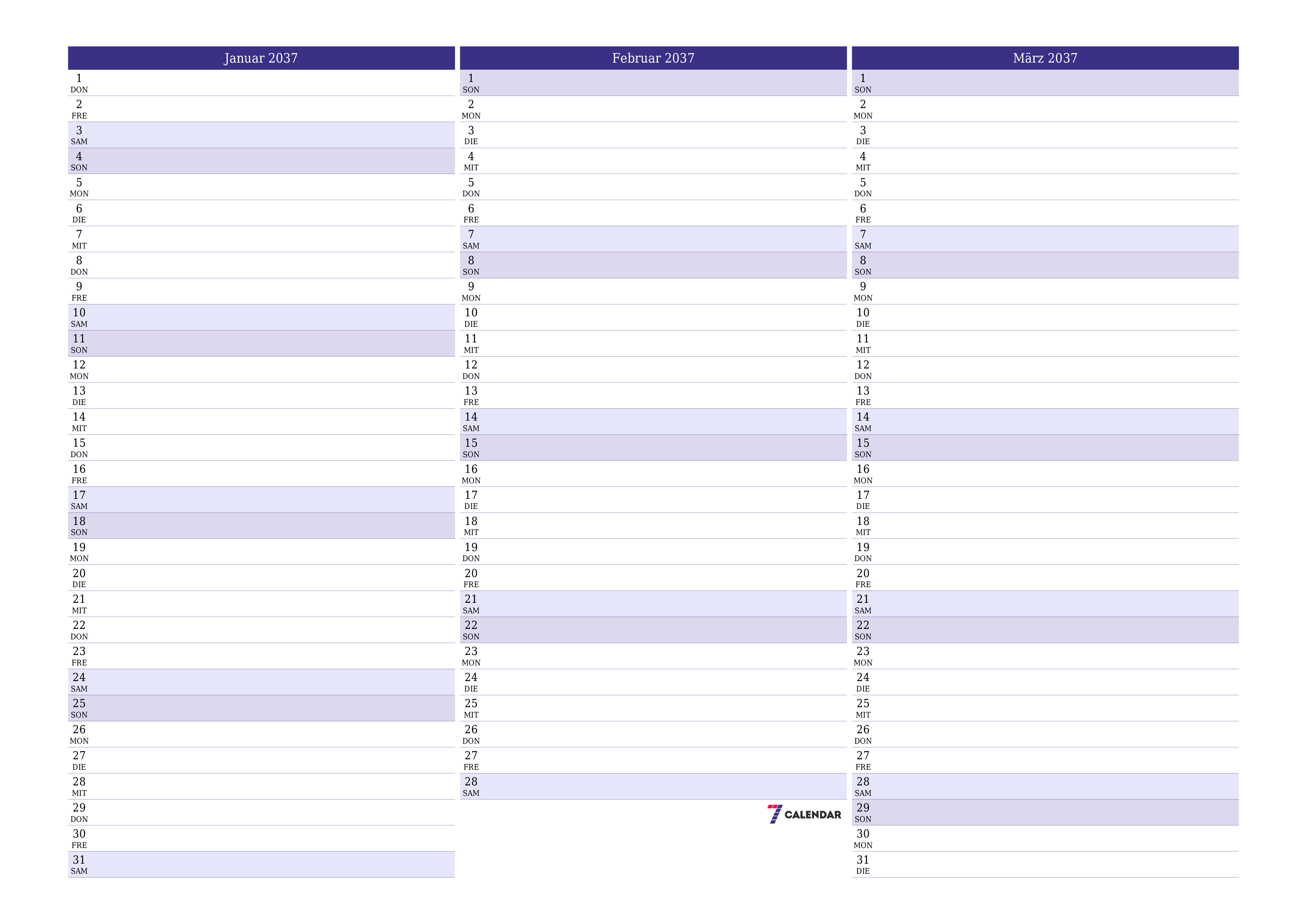 Monatsplaner für Monat Januar 2037 mit Notizen leeren, speichern und als PDF PNG German - 7calendar.com drucken