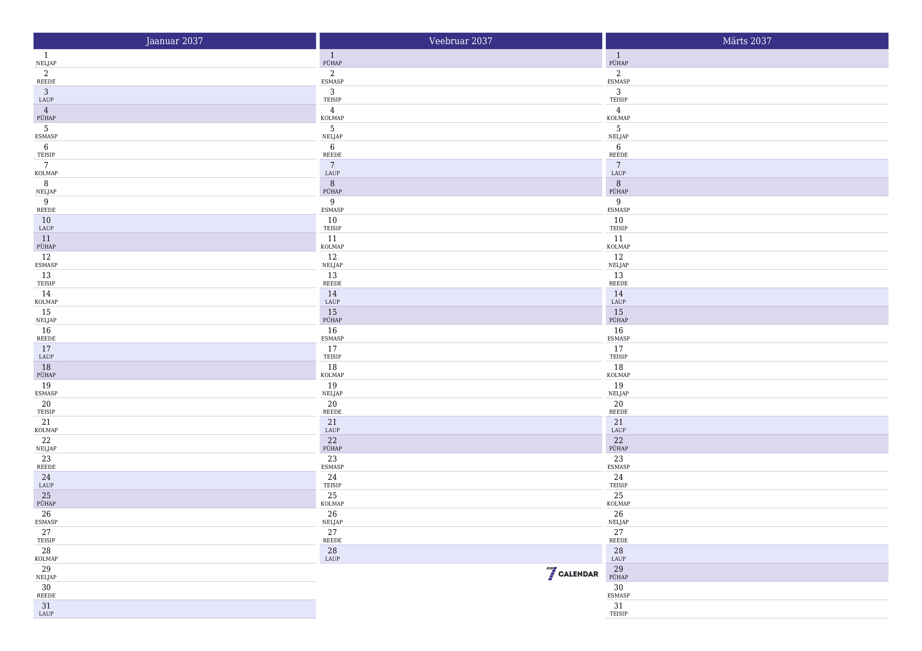 Tühjendage kuu Jaanuar 2037 kuuplaneerija märkmetega, salvestage ja printige PDF-i PNG Estonian