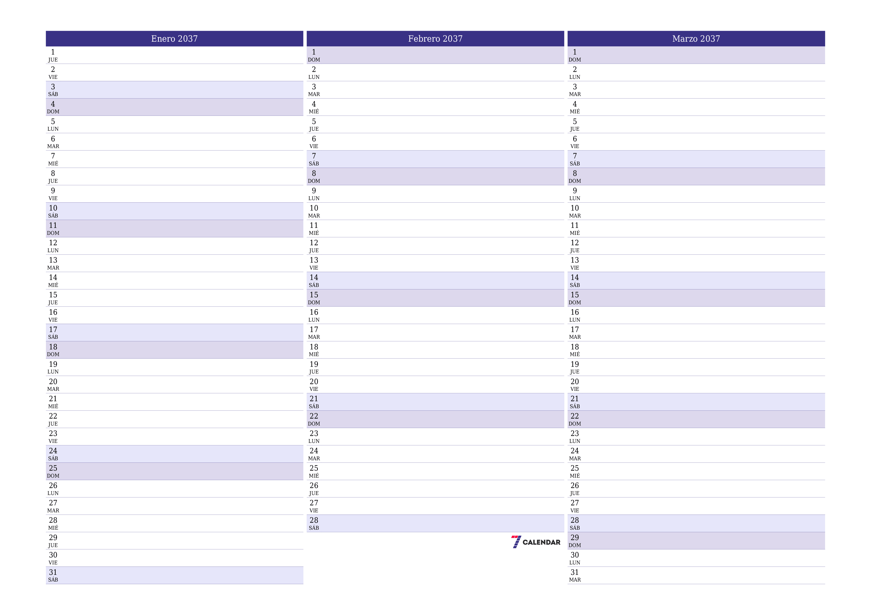 Planificador mensual vacío para el mes Enero 2037 con notas, guardar e imprimir en PDF PNG Spanish