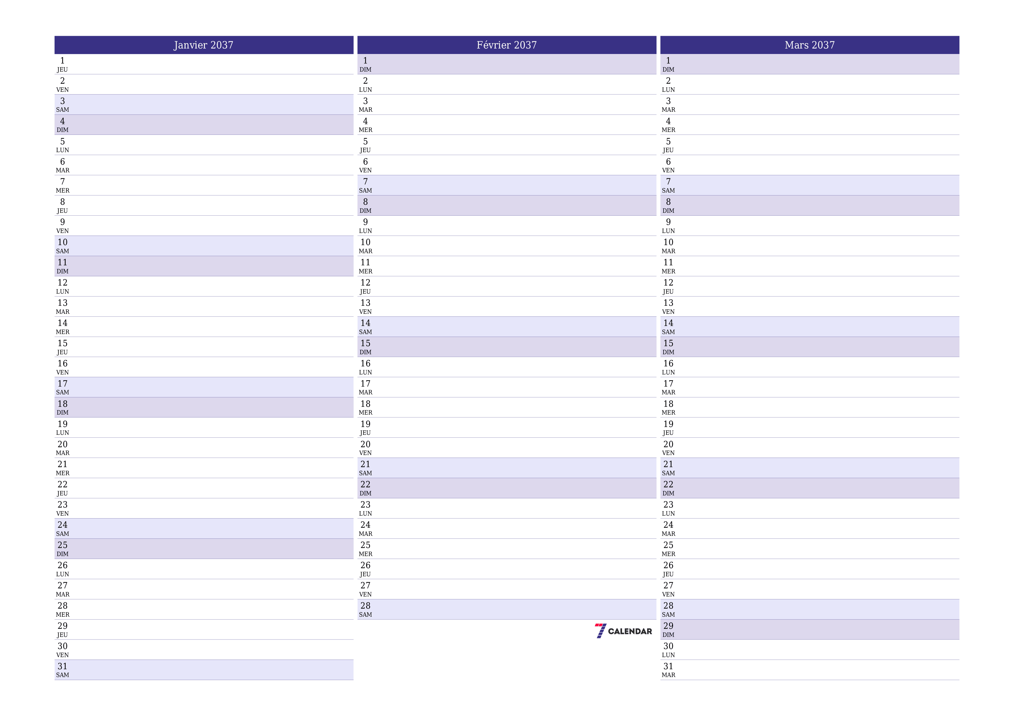 Agenda mensuel vide pour le mois Janvier 2037 avec notes, enregistrez et imprimez au format PDF PNG French