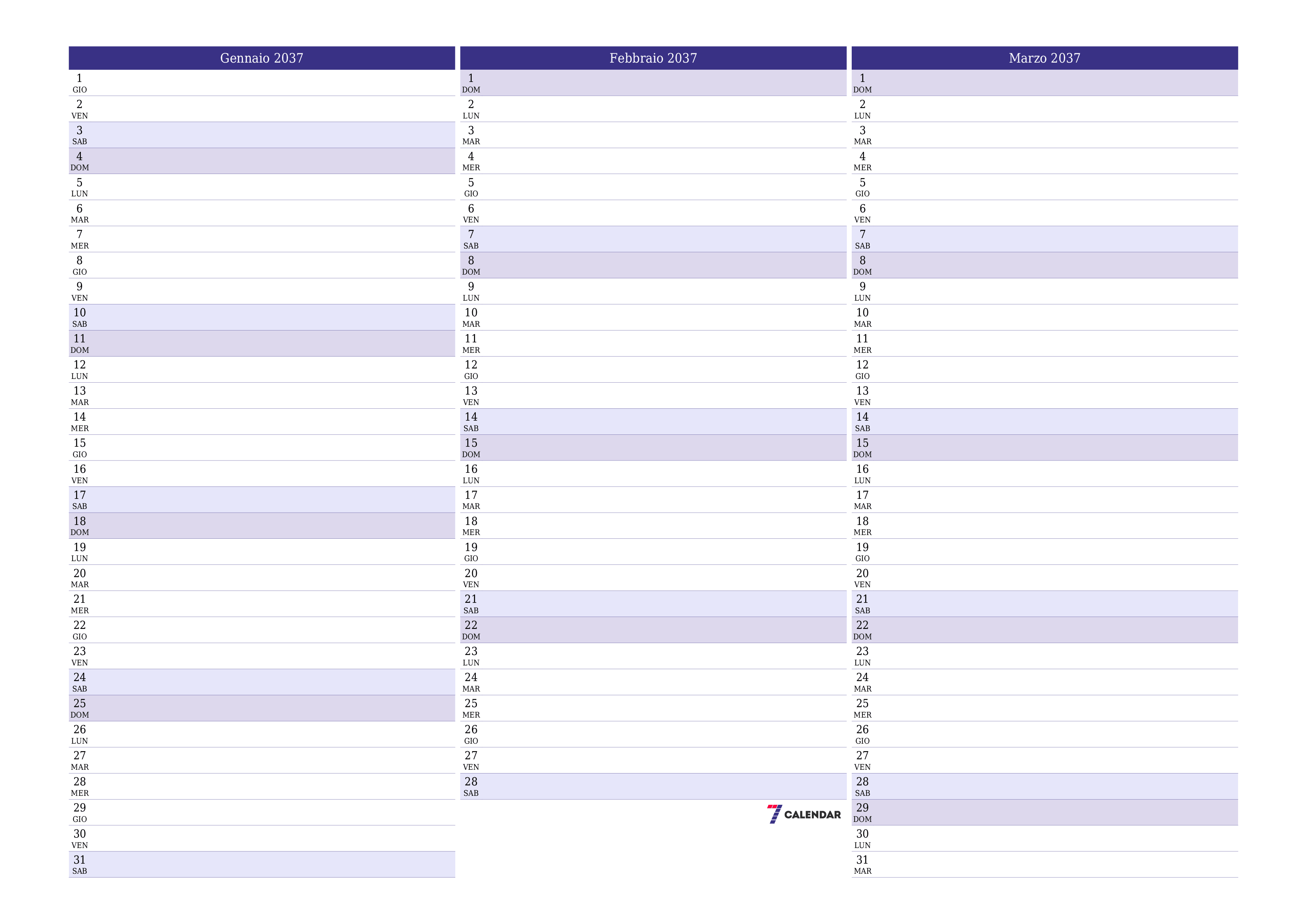 Pianificatore mensile vuoto per il mese Gennaio 2037 con note, salva e stampa in PDF PNG Italian