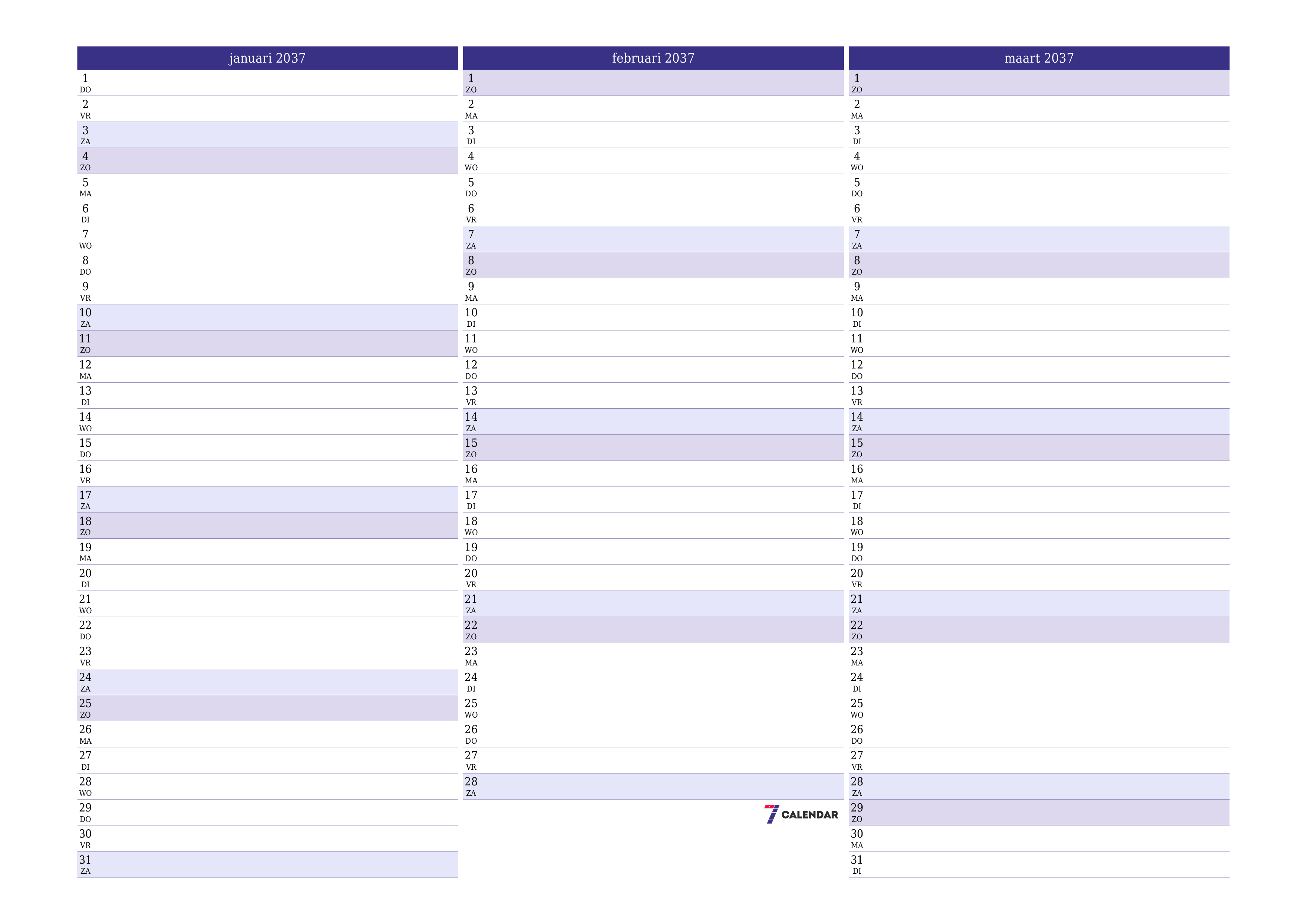 Lege maandplanner voor maand januari 2037 met notities, opslaan en afdrukken naar pdf PNG Dutch
