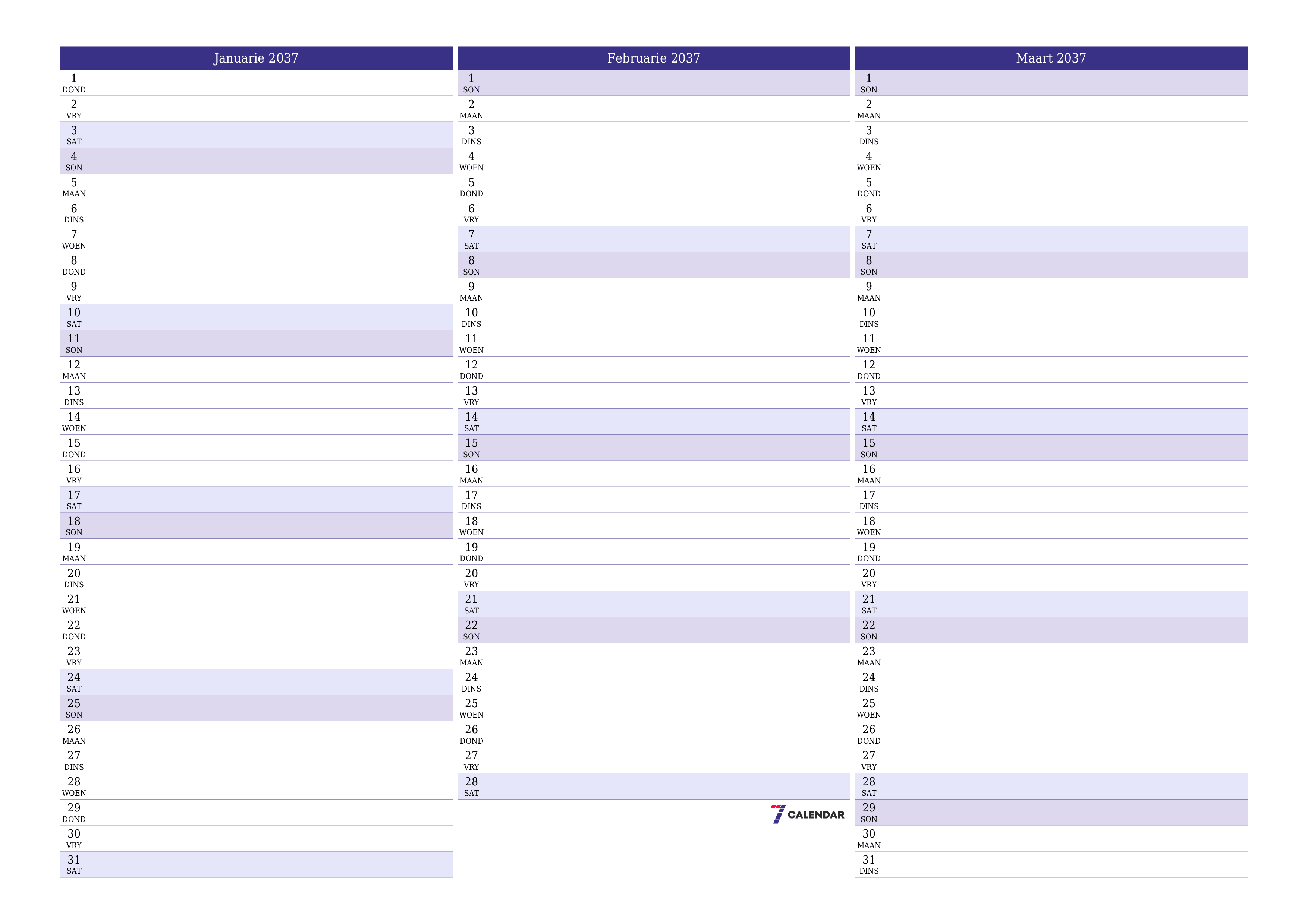 Leë maandelikse drukbare kalender en beplanner vir maand Januarie 2037 met notas stoor en druk na PDF PNG Afrikaans