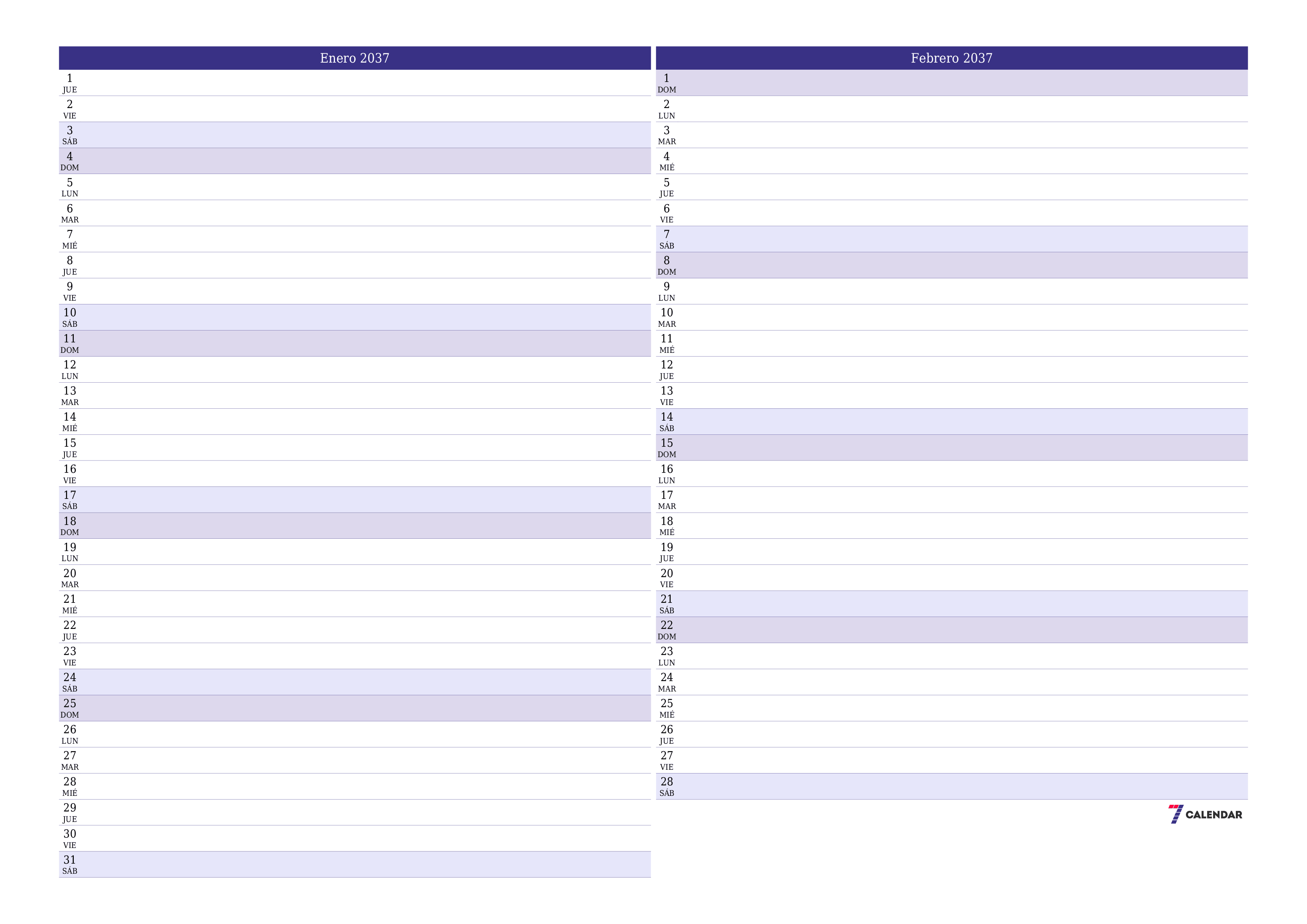 Planificador mensual vacío para el mes Enero 2037 con notas, guardar e imprimir en PDF PNG Spanish