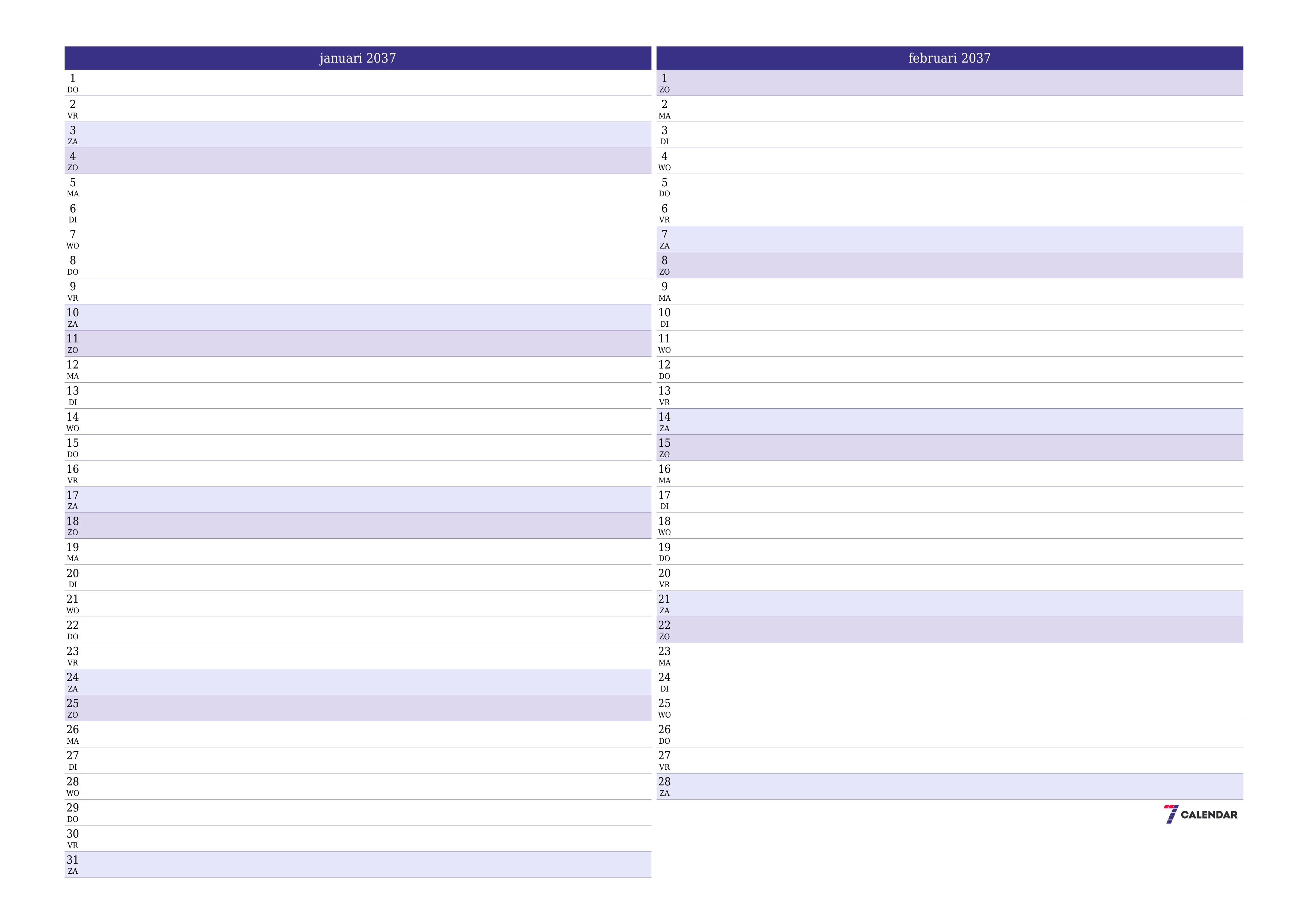 Lege maandplanner voor maand januari 2037 met notities, opslaan en afdrukken naar pdf PNG Dutch