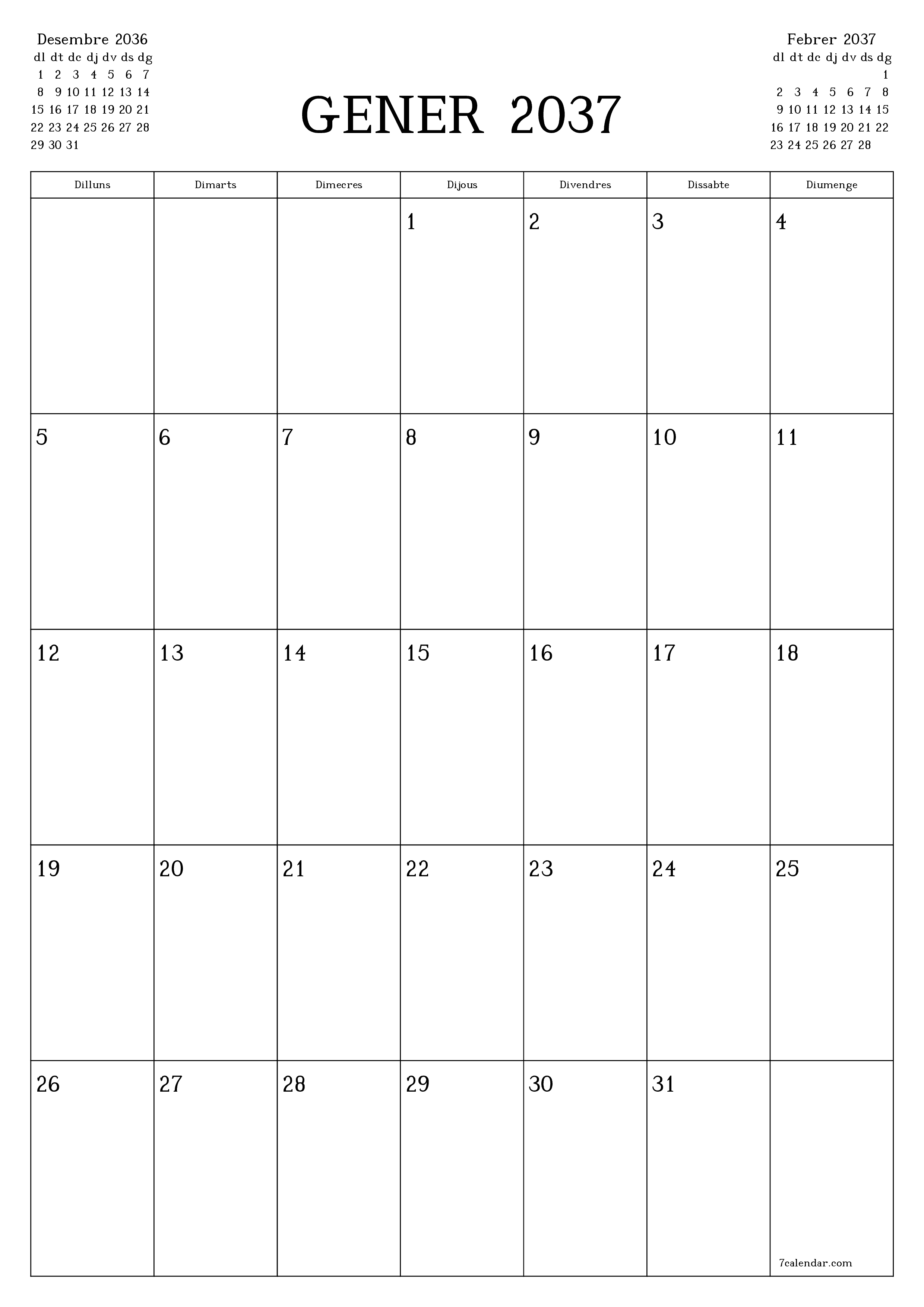  imprimible de paret plantilla de gratuïtvertical Mensual planificador calendari Gener (Gen) 2037