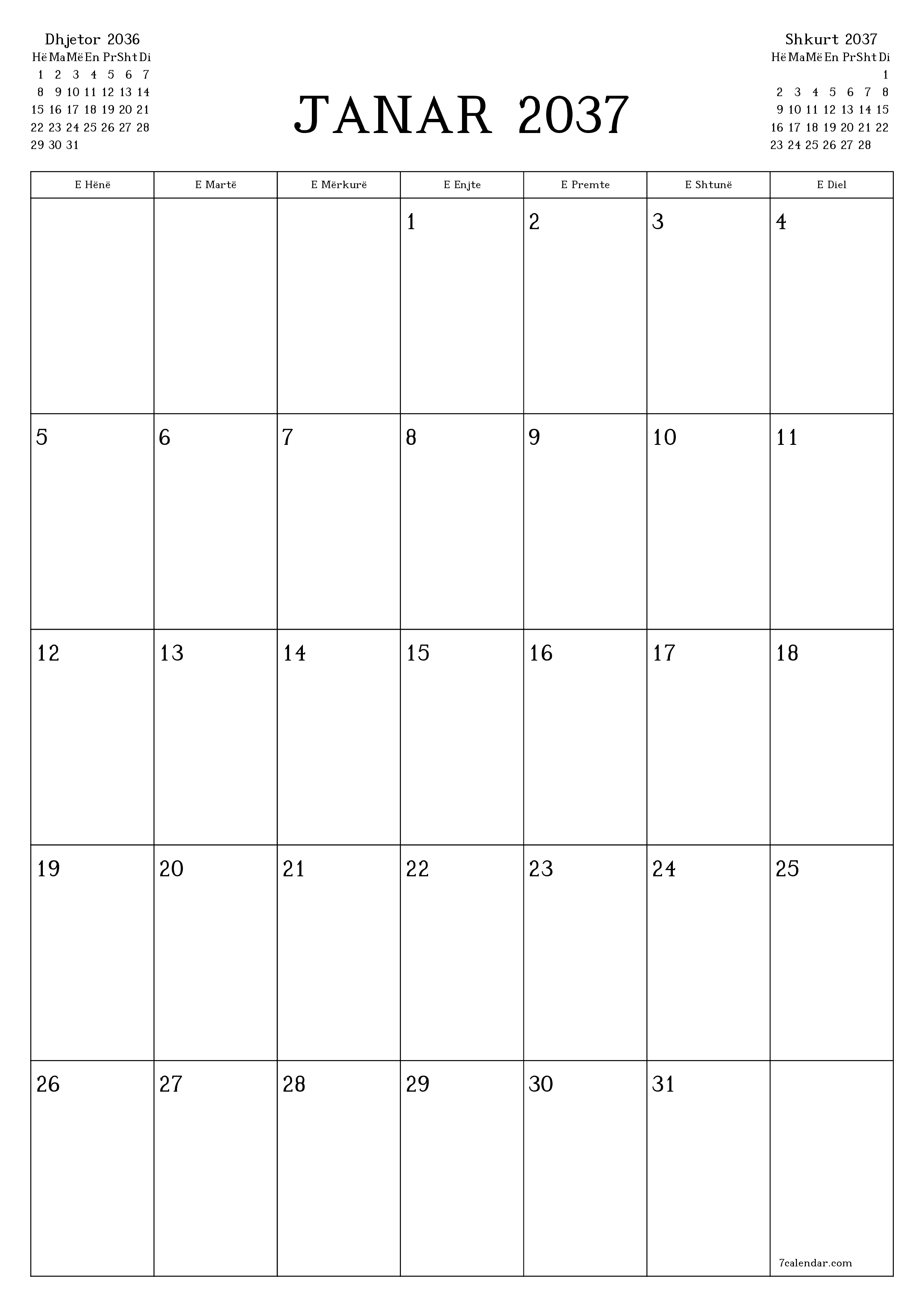  i printueshëm muri shabllon falasvertikale mujore planifikues kalendar Janar (Jan) 2037