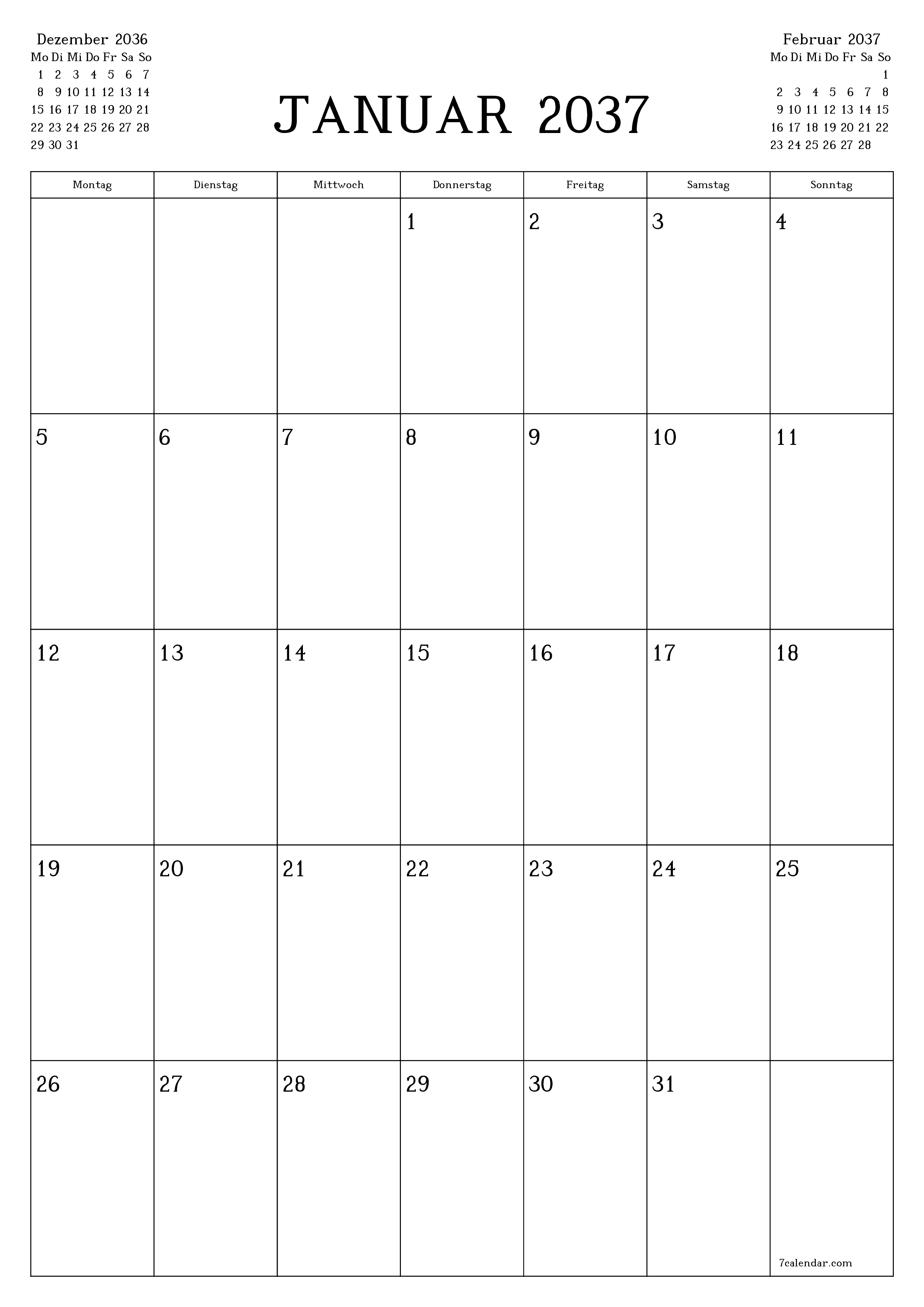  zum Ausdrucken Wandkalender vorlage kostenloser vertikal Monatlich Planer Kalender Januar (Jan) 2037