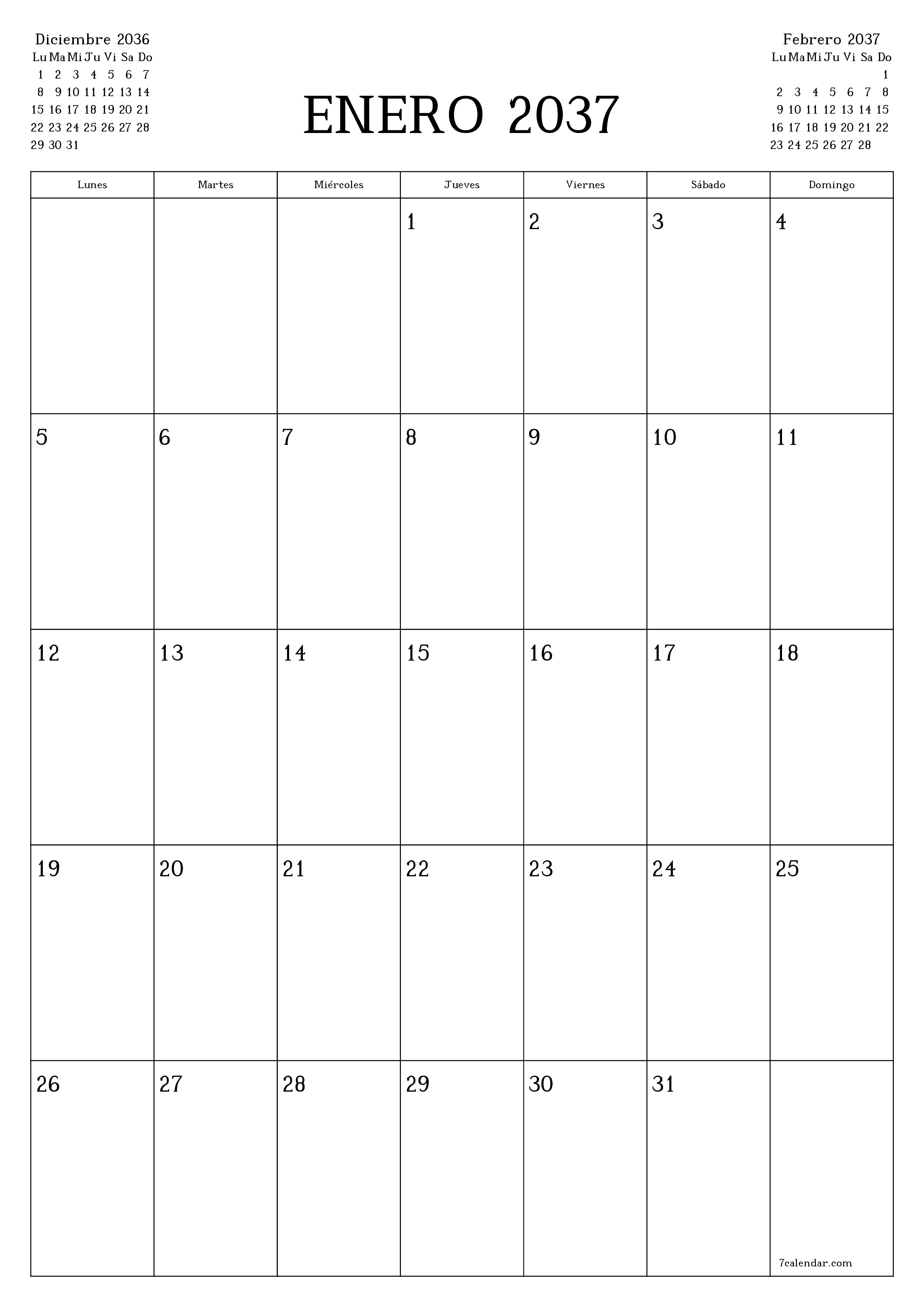  imprimible de pared plantilla de gratisvertical Mensual planificador calendario Enero (Ene) 2037