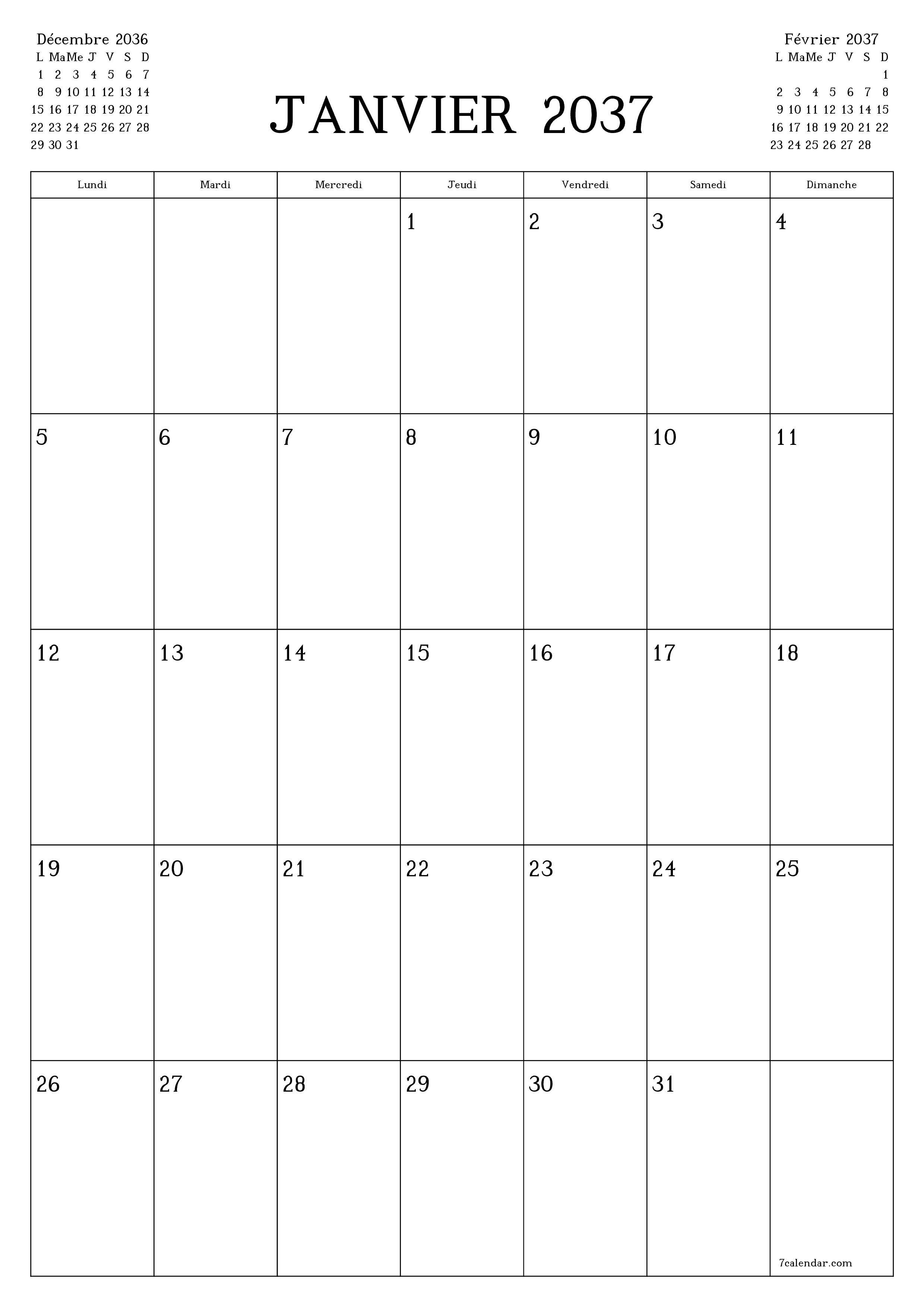  imprimable mural modèle de gratuitverticale Mensuel planificateur calendrier Janvier (Jan) 2037