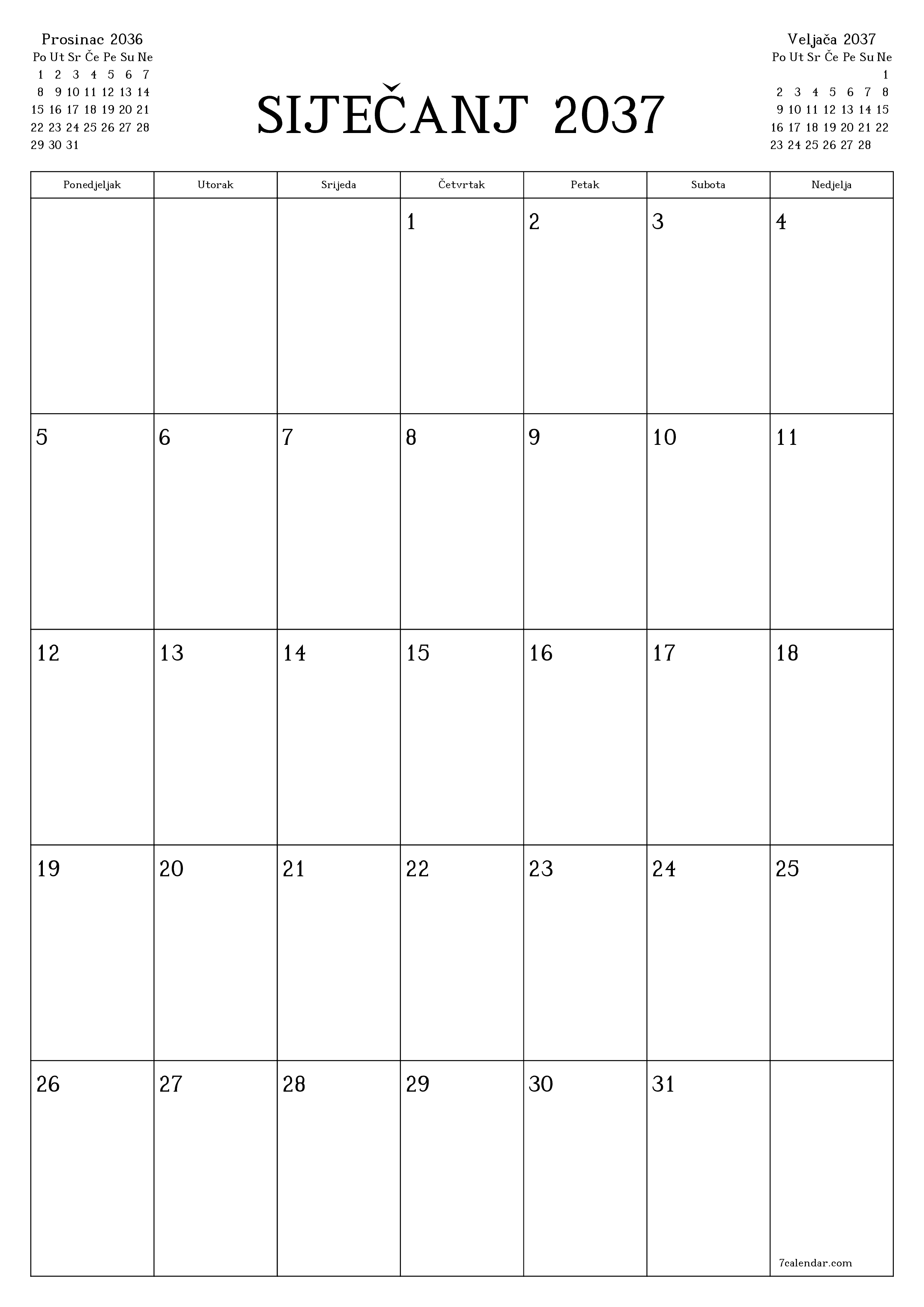  za ispis zidni predložak a besplatni okomito Mjesečni planer kalendar Siječanj (Sij) 2037