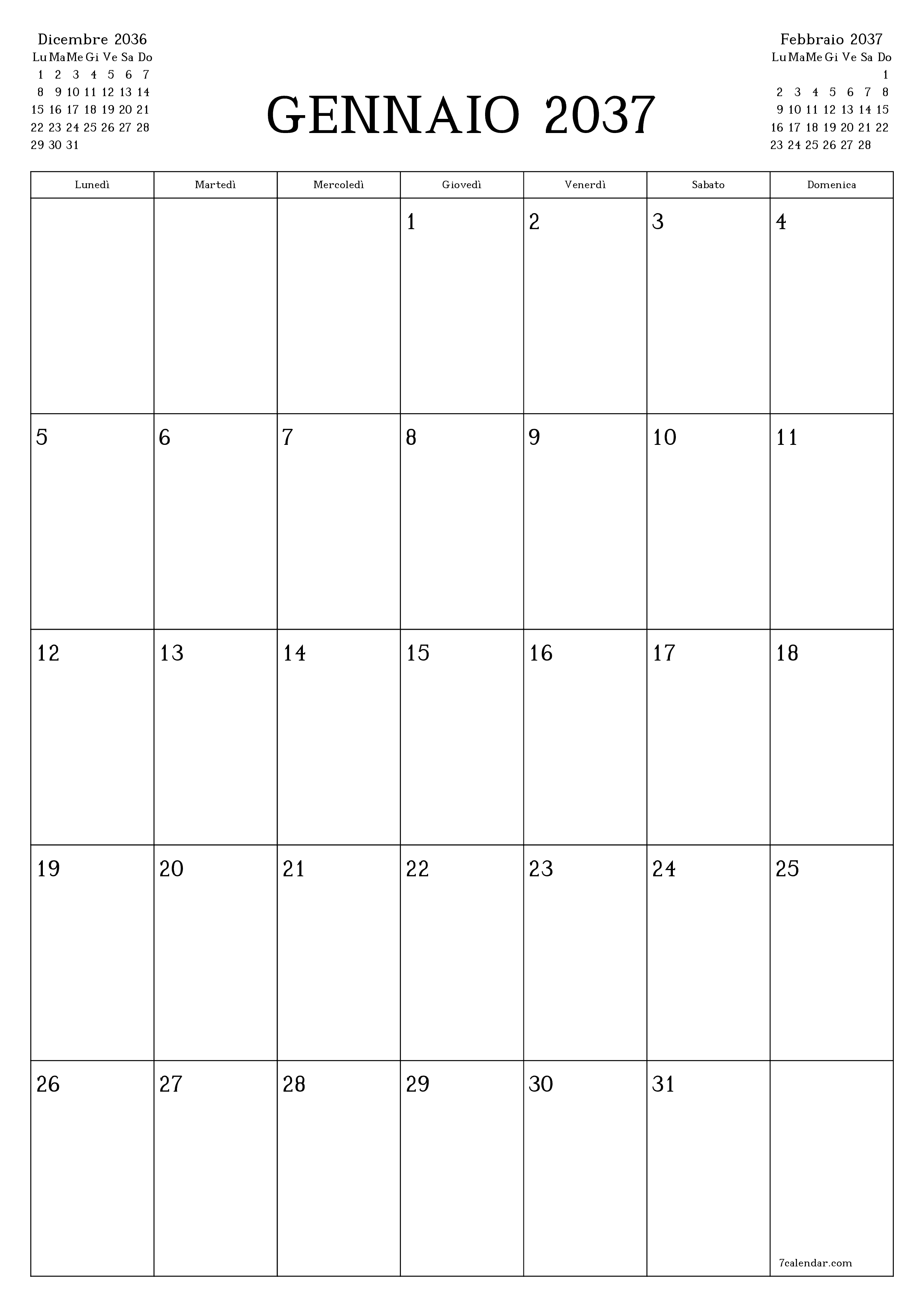  stampabile da parete modello di gratuitoverticale Mensile pianificatore calendario Gennaio (Gen) 2037