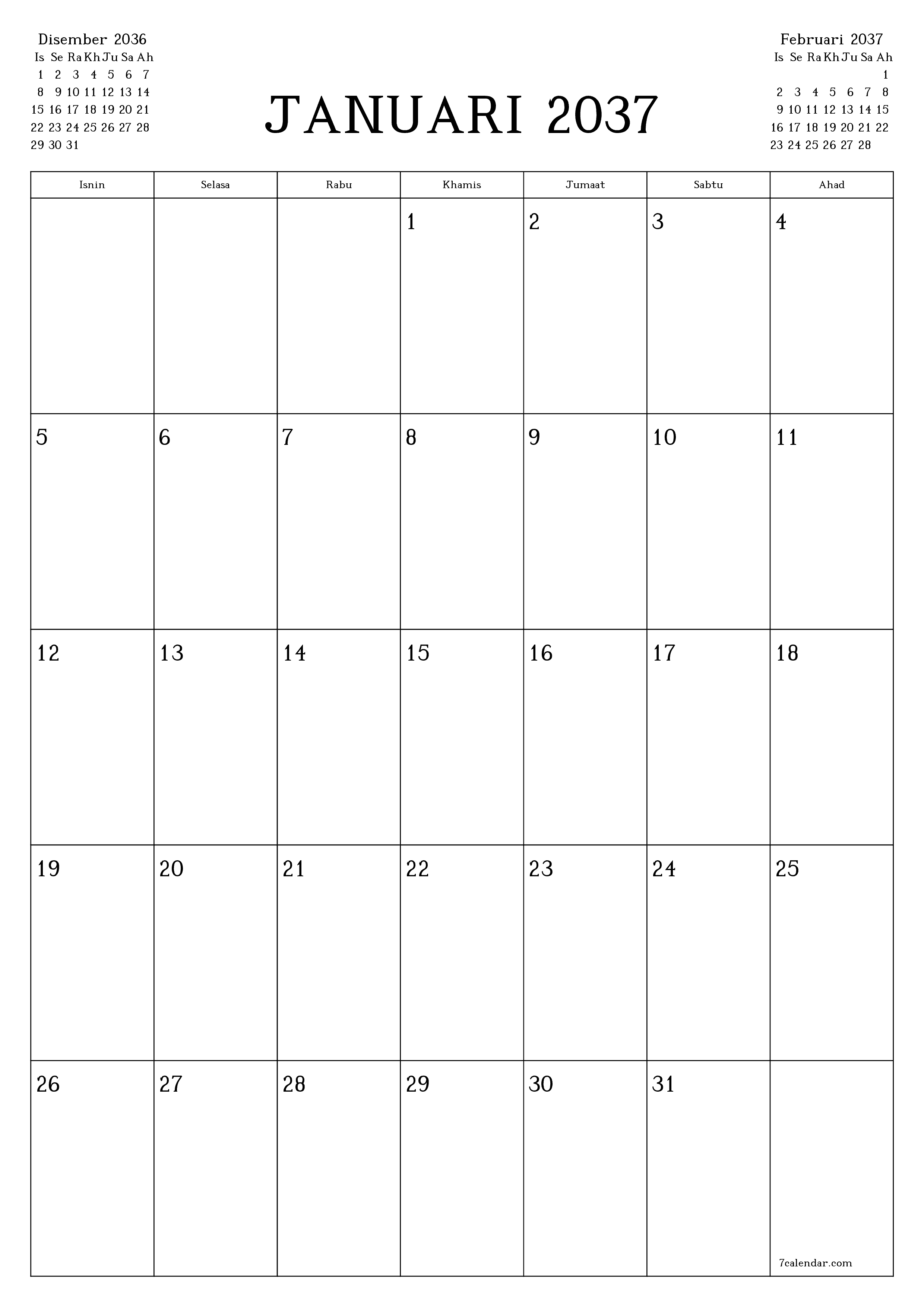  boleh cetak dinding templat percumamenegak Bulanan perancang kalendar Januari (Jan) 2037
