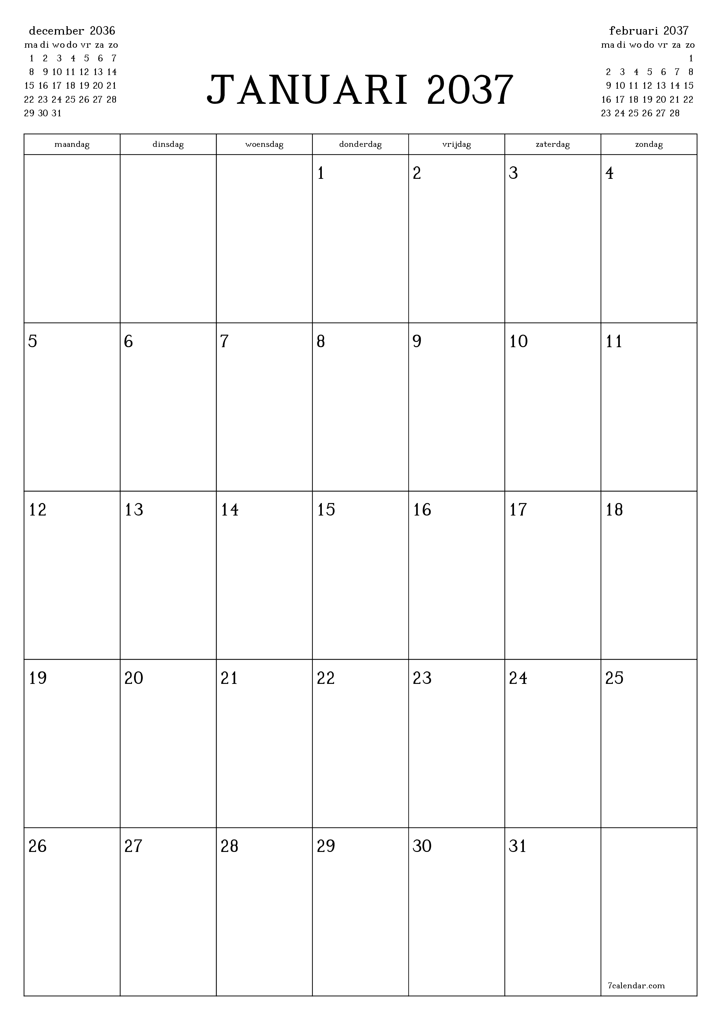 afdrukbare muur sjabloon gratis verticaal Maandelijks planner kalender januari (jan) 2037
