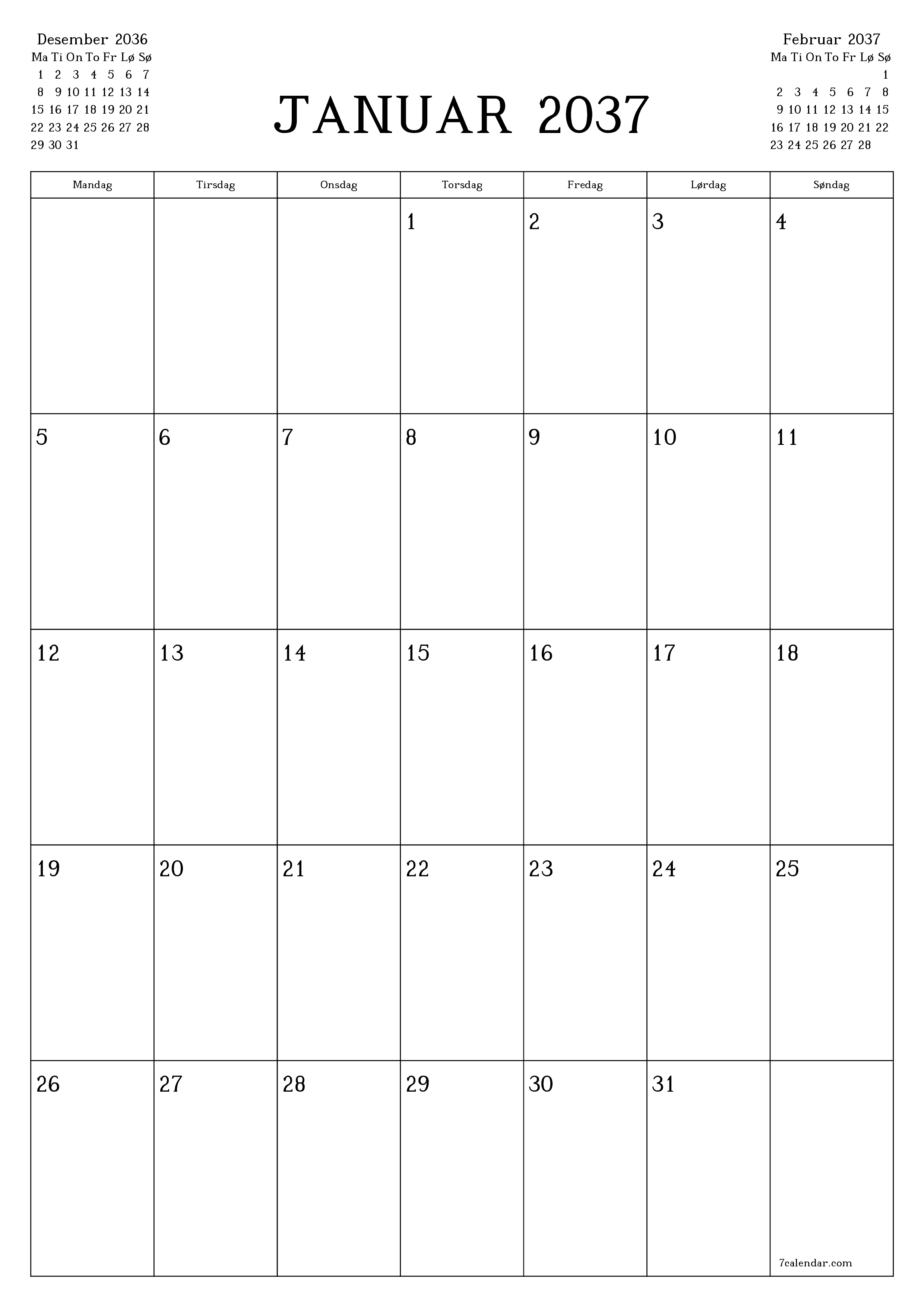 utskrivbar vegg mal gratis vertikal Månedlig planlegger kalender Januar (Jan) 2037