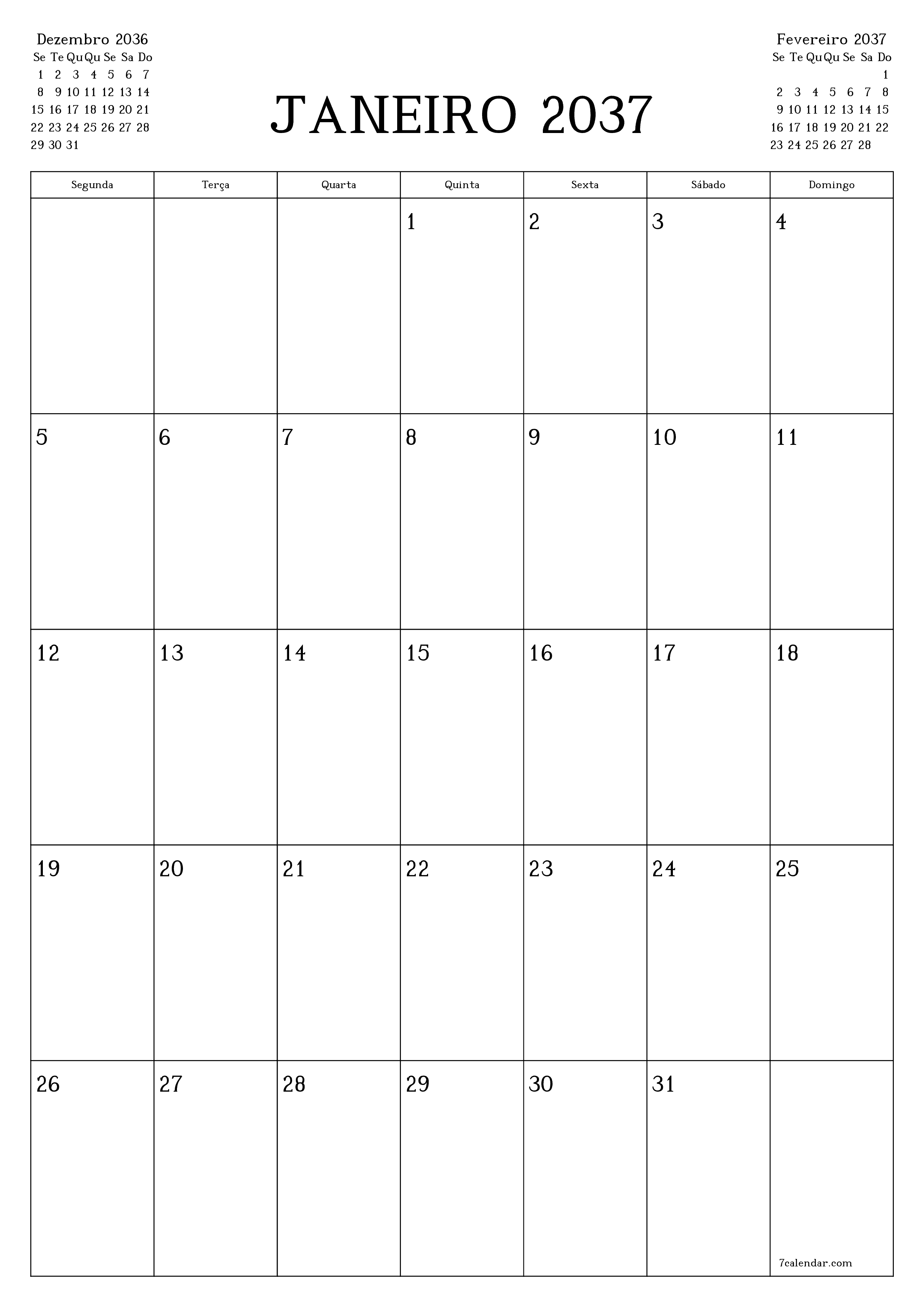  para impressão de parede modelo de grátisvertical Mensal planejador calendário Janeiro (Jan) 2037