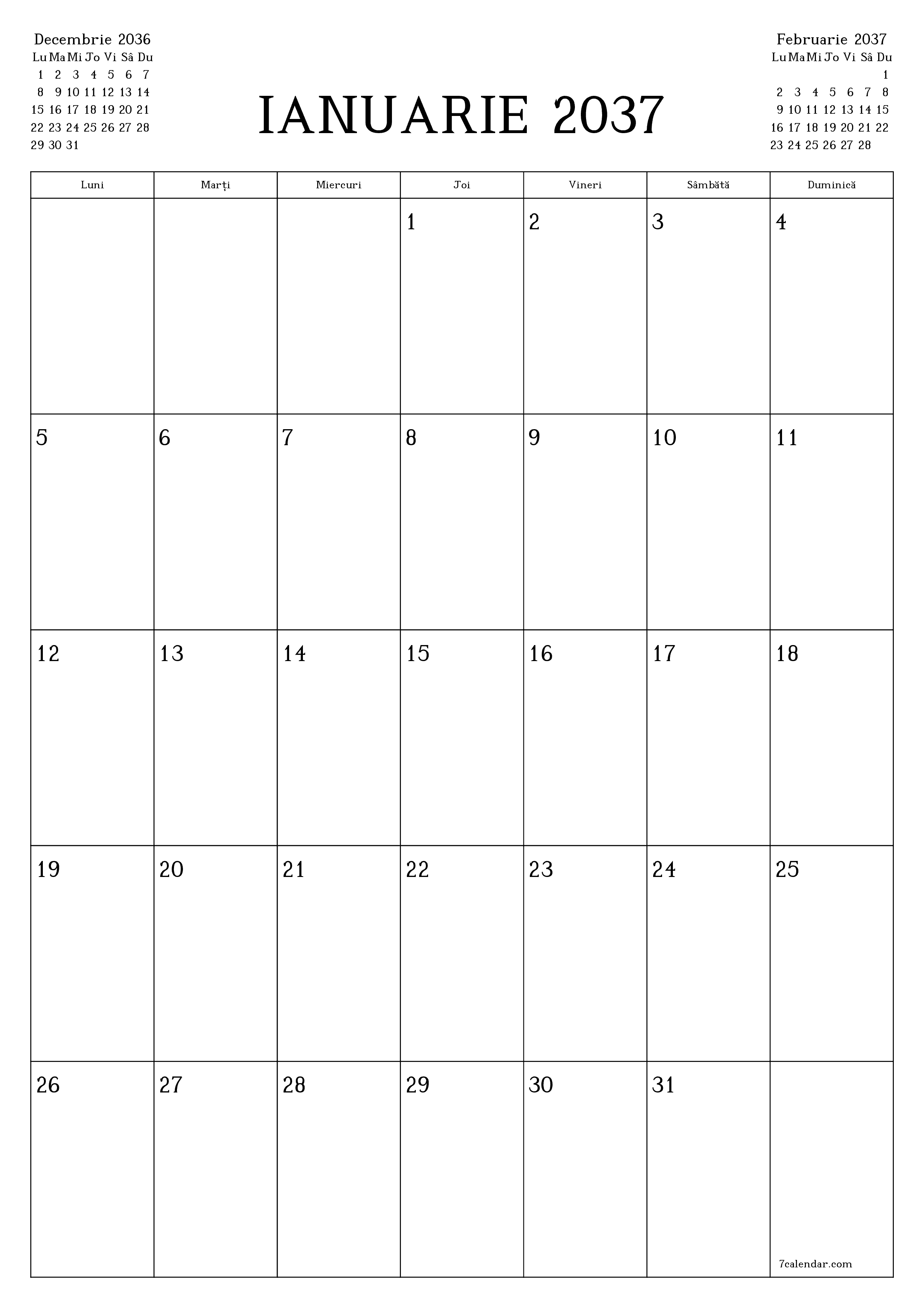  imprimabil de perete șablon de gratuitvertical Lunar planificator calendar Ianuarie (Ian) 2037