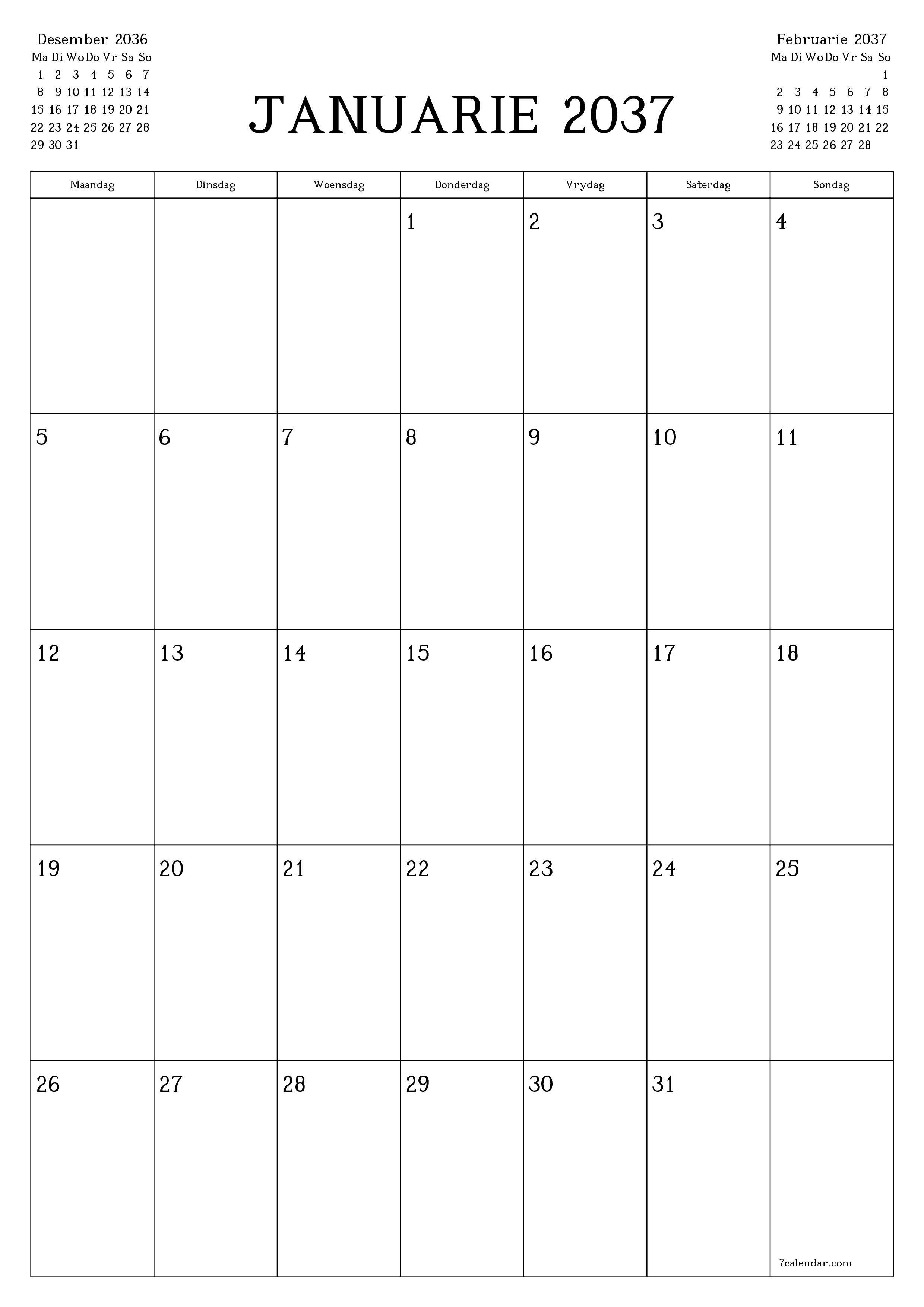 drukbare muur template gratis vertikaal Maandeliks beplanner kalender Januarie (Jan) 2037