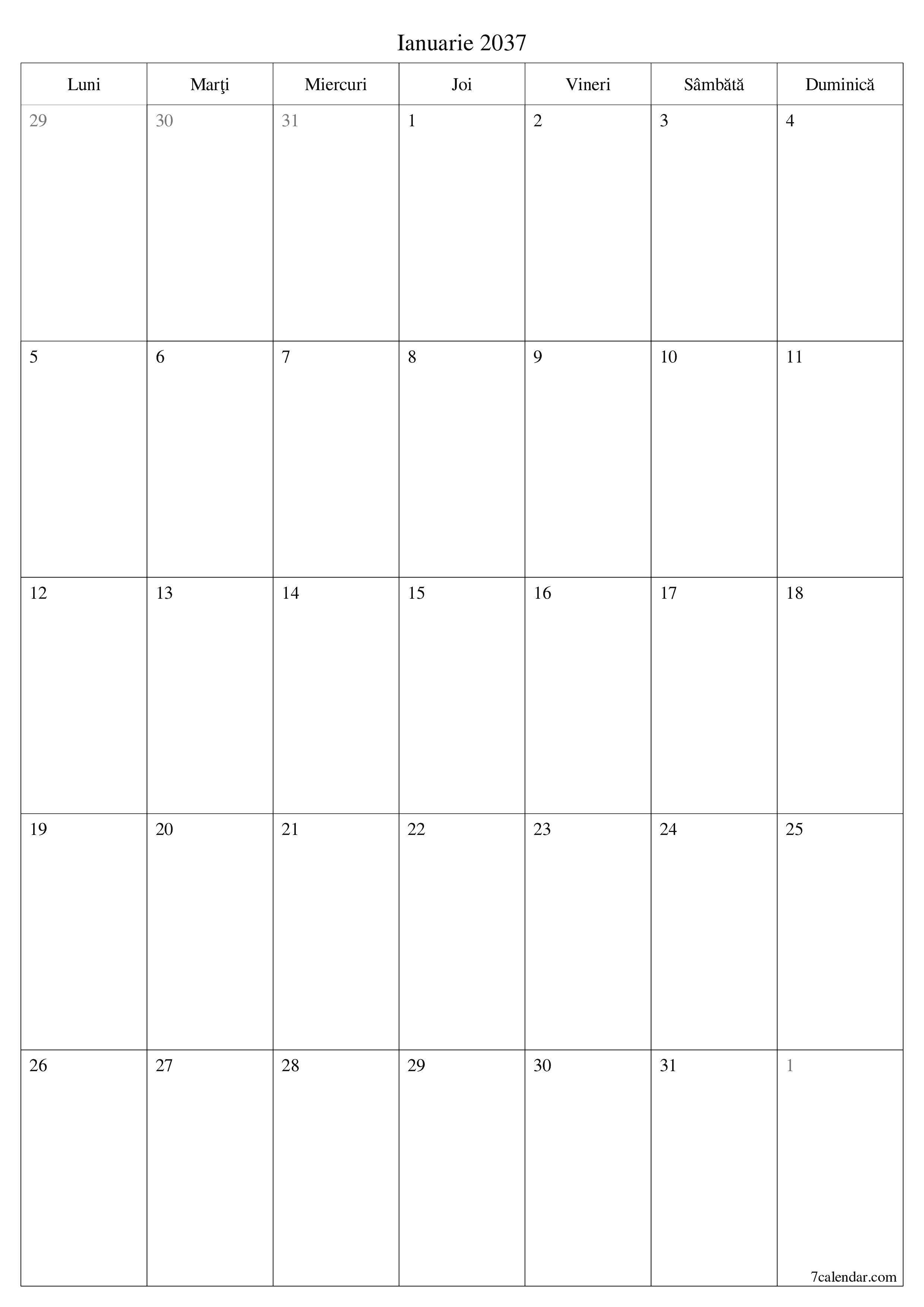  imprimabil de perete șablon de gratuitvertical Lunar planificator calendar Ianuarie (Ian) 2037