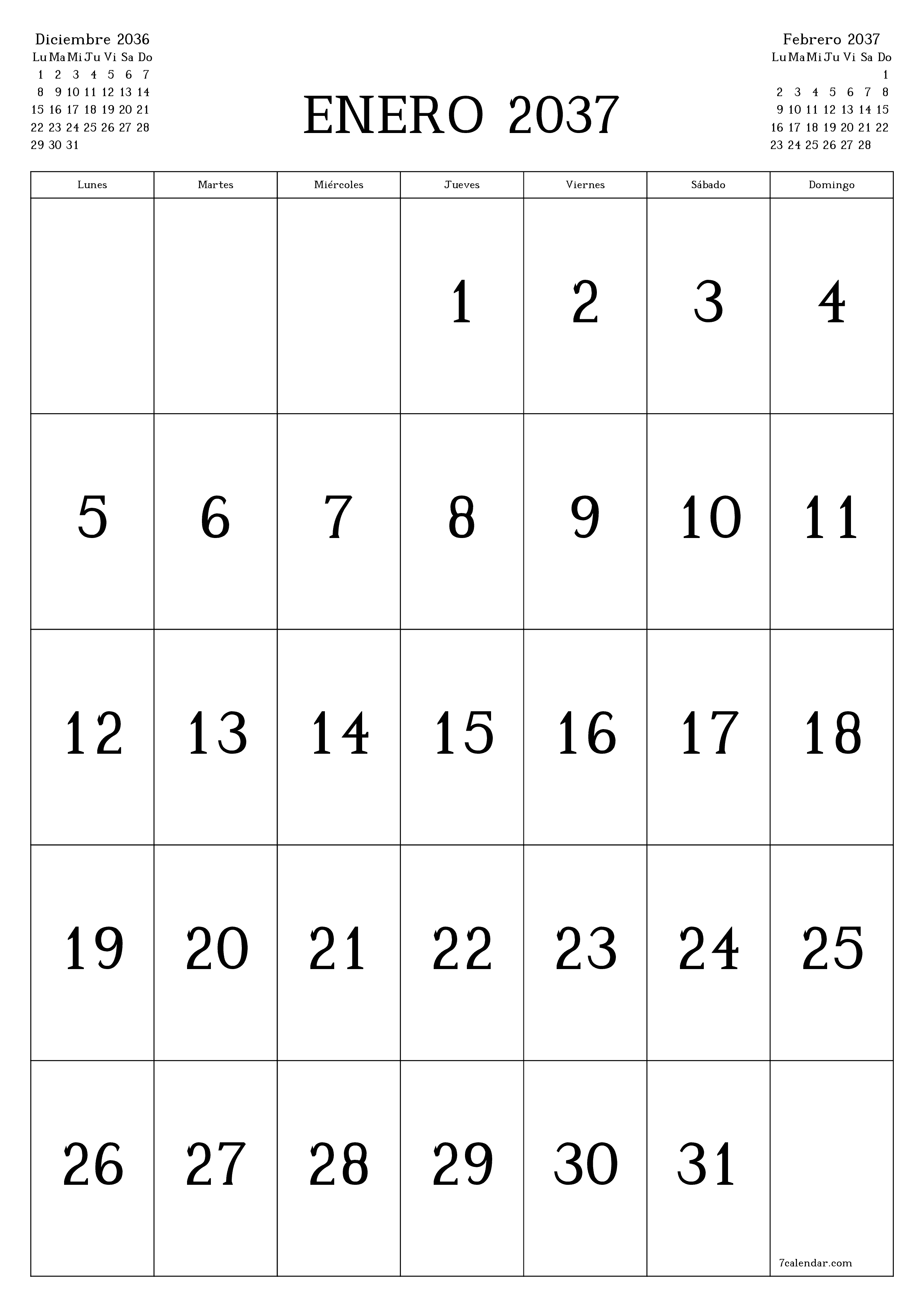  imprimible de pared plantilla de gratisvertical Mensual calendario Enero (Ene) 2037