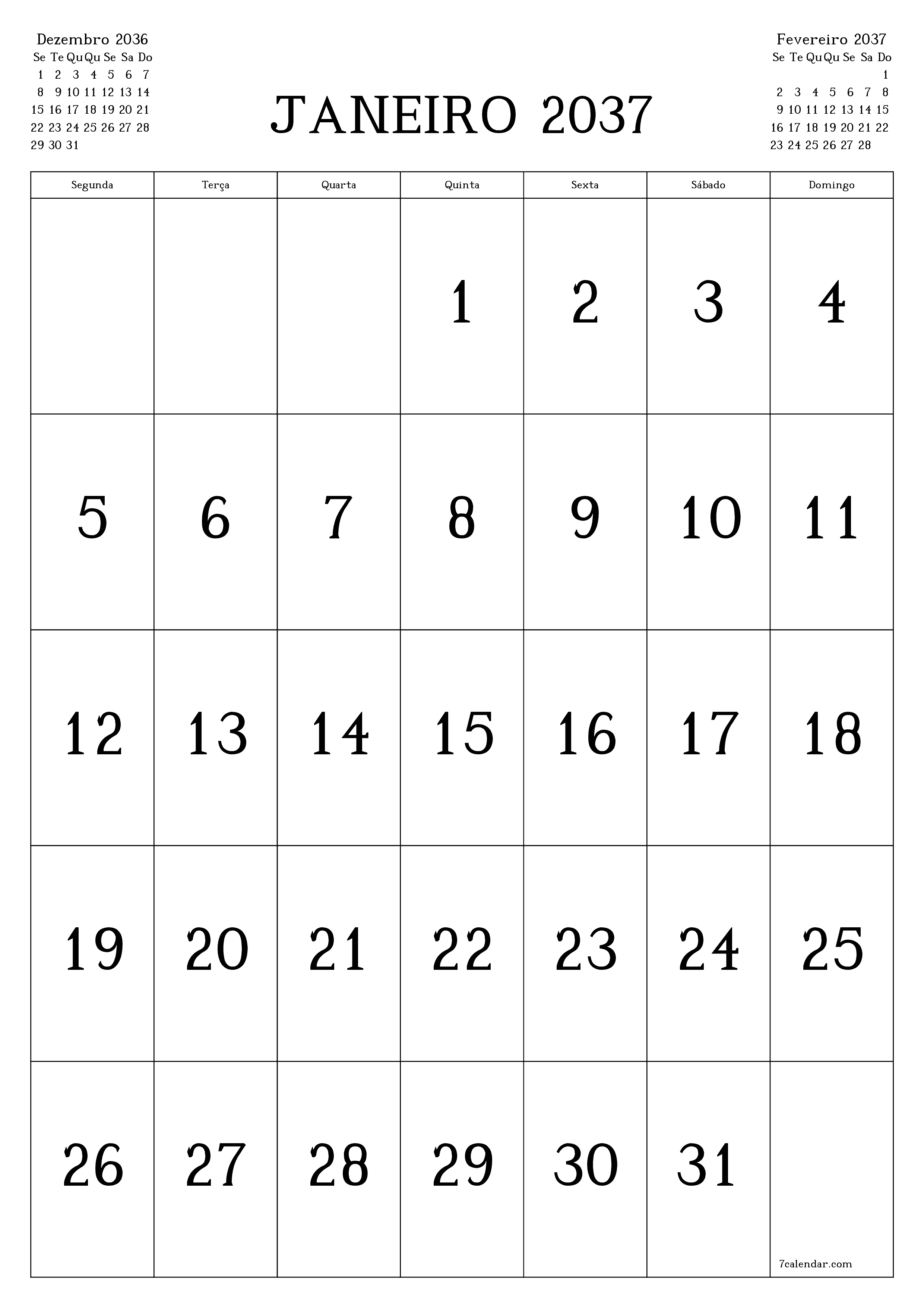  para impressão de parede modelo de grátisvertical Mensal calendário Janeiro (Jan) 2037