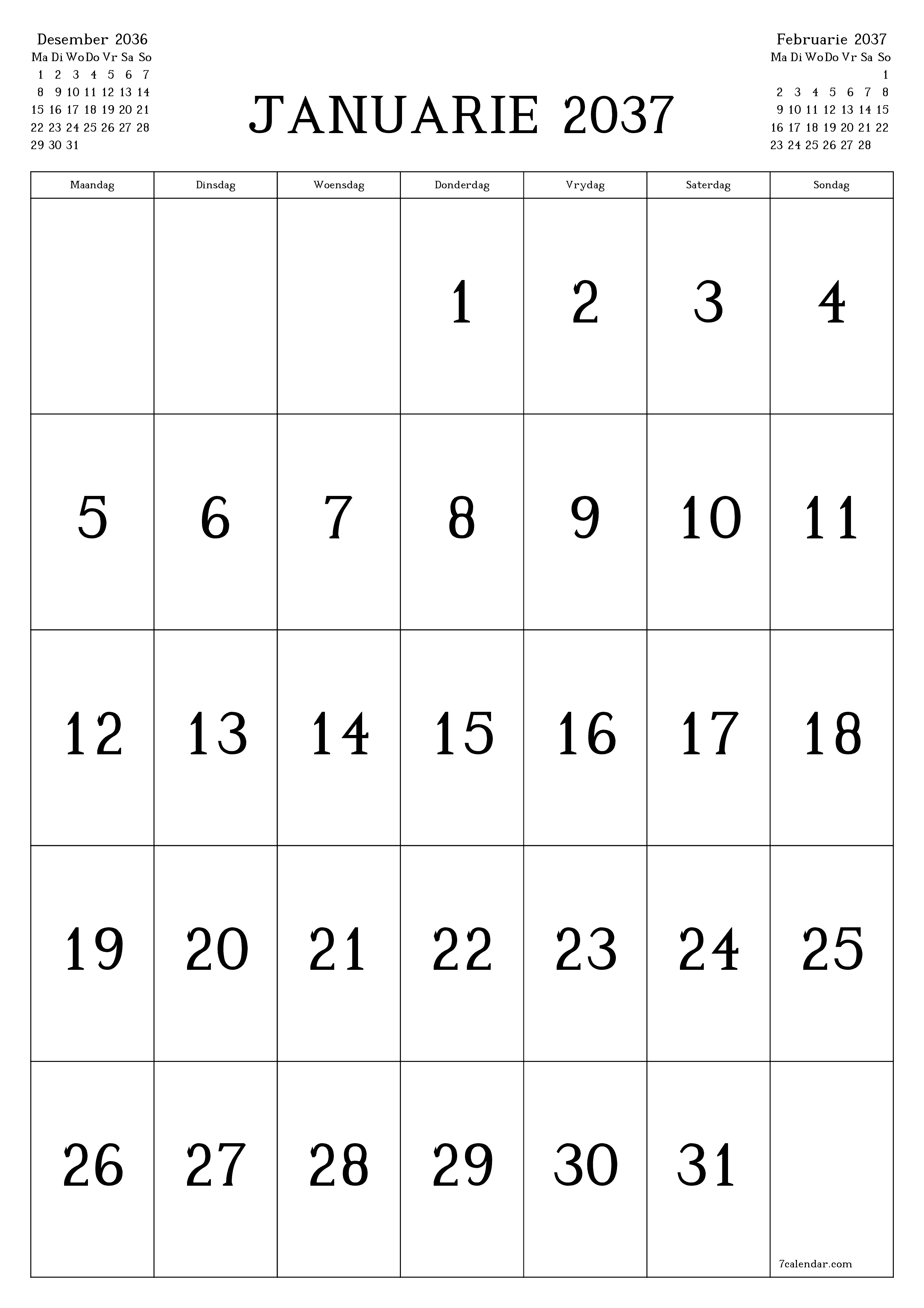 Leë maandelikse drukbare kalender en beplanner vir maand Januarie 2037 met notas stoor en druk na PDF PNG Afrikaans