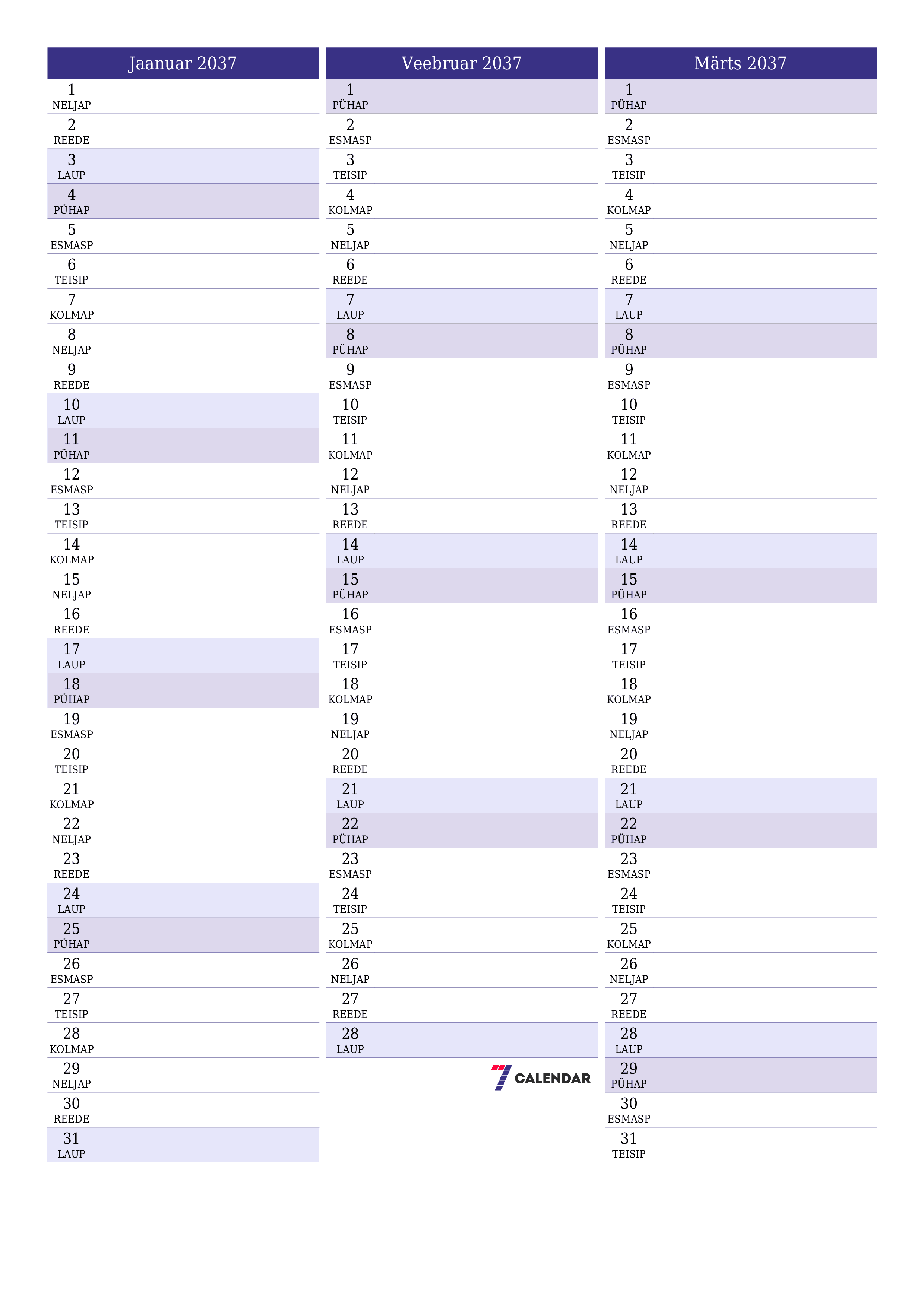 Tühjendage kuu Jaanuar 2037 kuuplaneerija märkmetega, salvestage ja printige PDF-i PNG Estonian