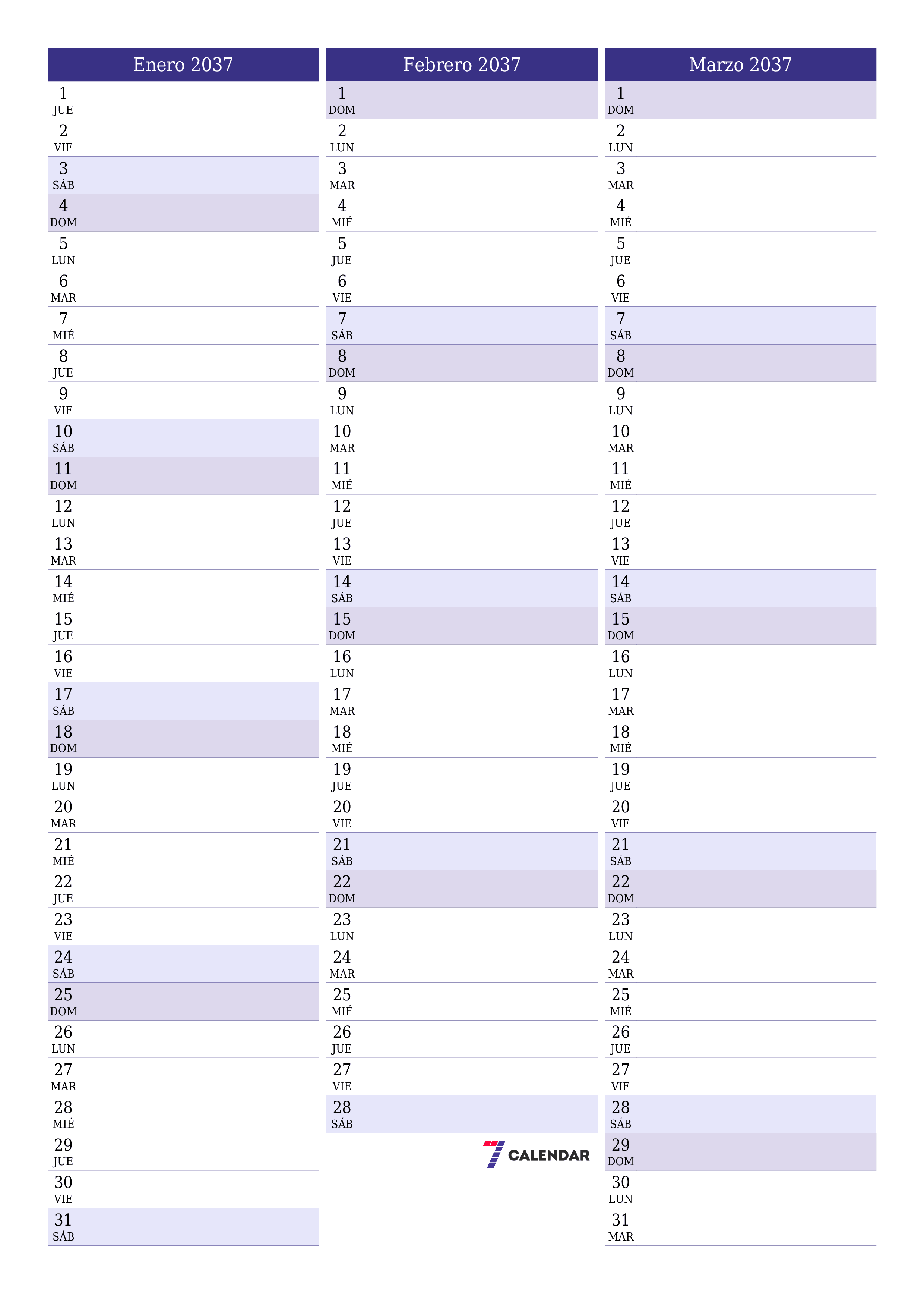  imprimible de pared plantilla de gratisvertical Mensual planificador calendario Enero (Ene) 2037