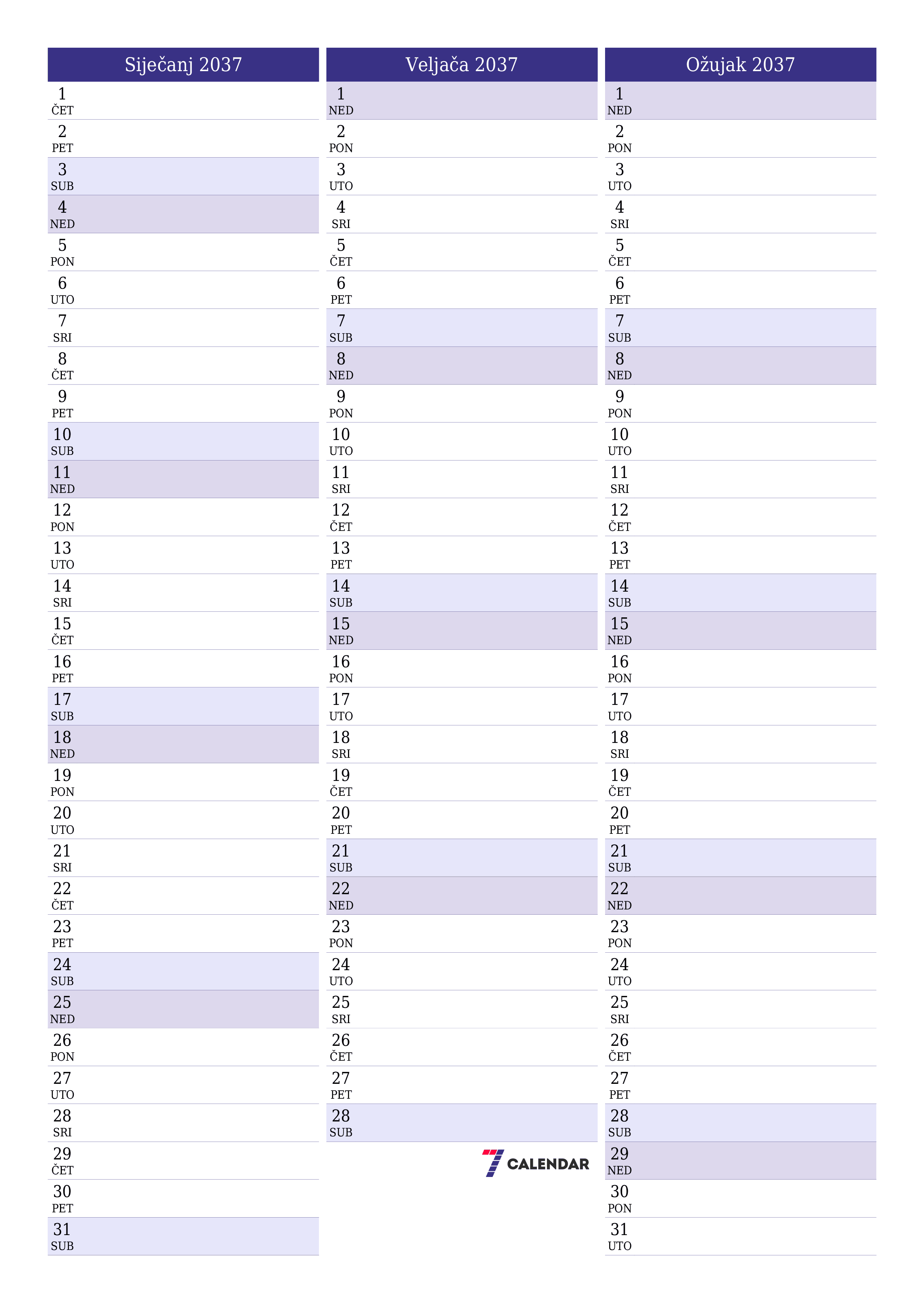  za ispis zidni predložak a besplatni okomito Mjesečni planer kalendar Siječanj (Sij) 2037