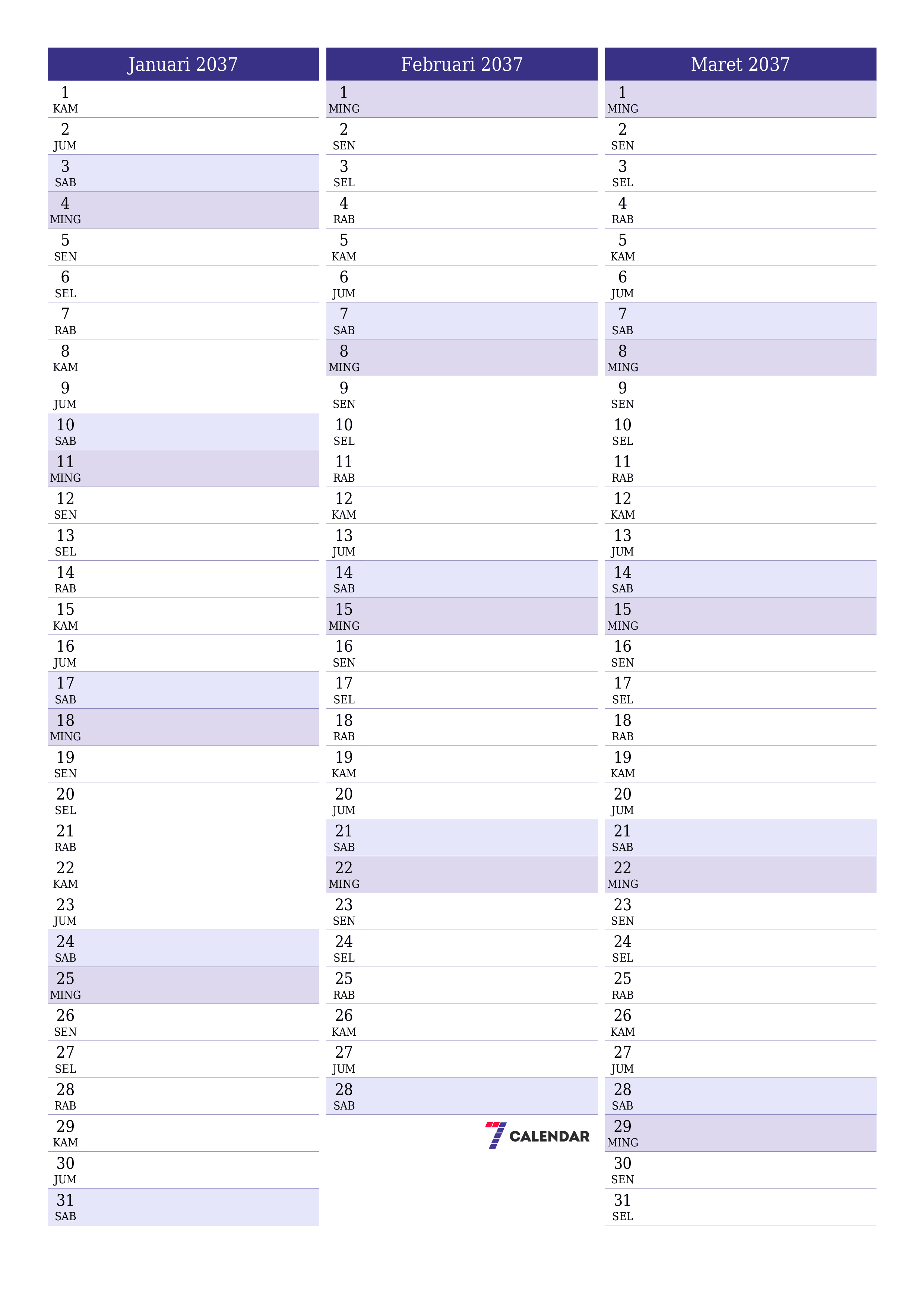  yang dapat dicetak dinding templat gratisvertikal Bulanan perencana kalender Januari (Jan) 2037