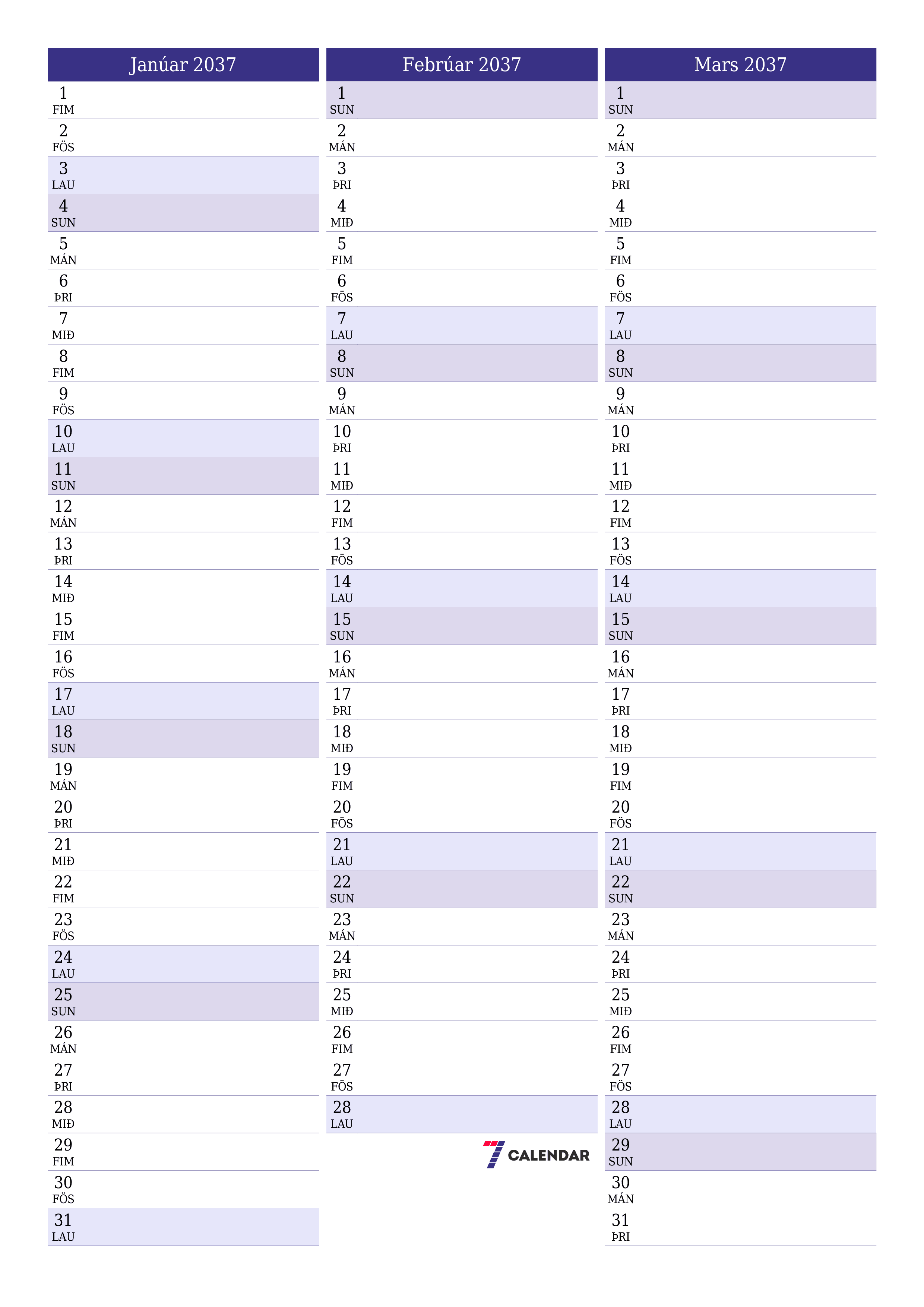Tómur mánaðarlegur skipuleggjandi fyrir mánuðinn Janúar 2037 með athugasemdum, vista og prenta á PDF PNG Icelandic