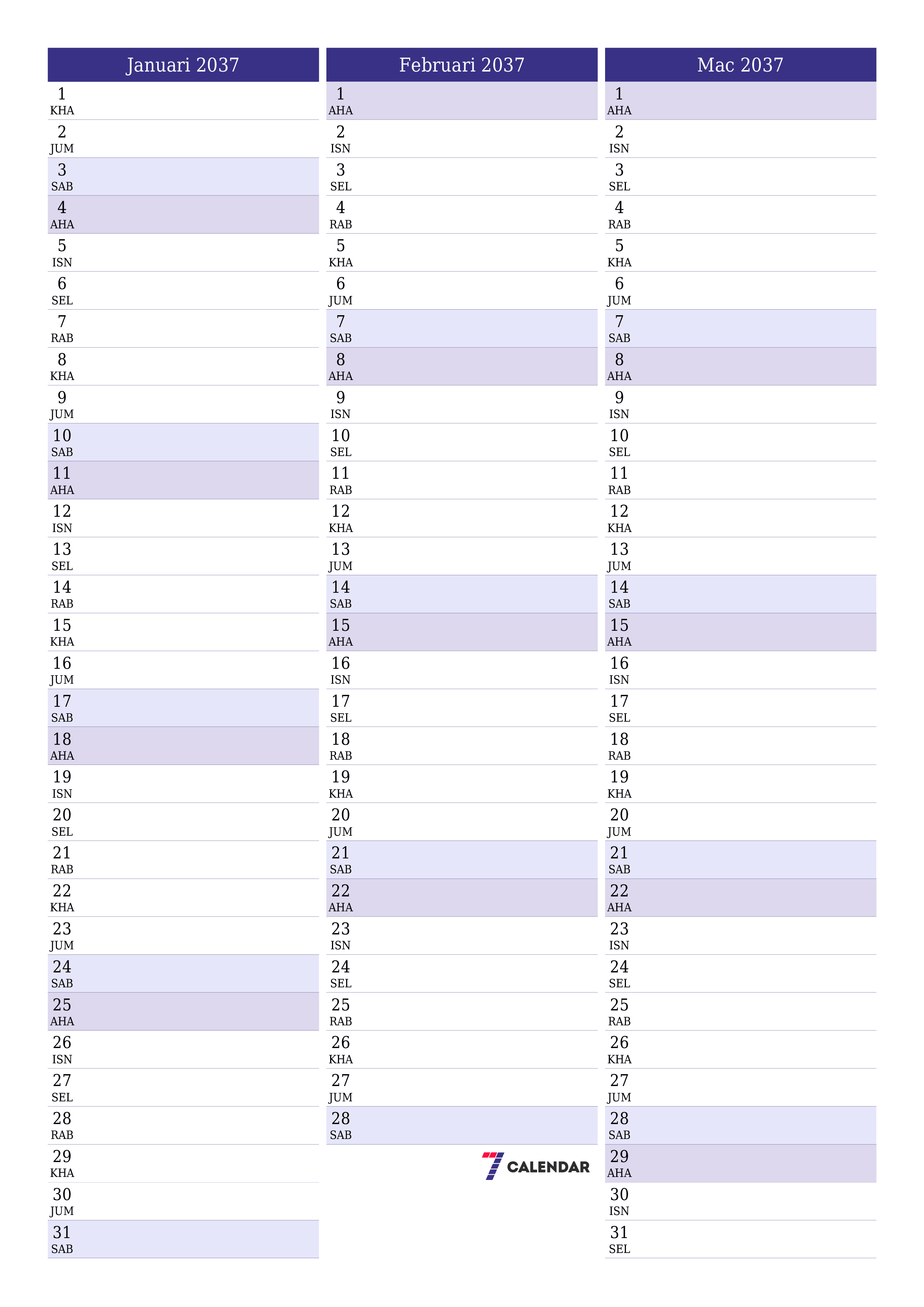  boleh cetak dinding templat percumamenegak Bulanan perancang kalendar Januari (Jan) 2037
